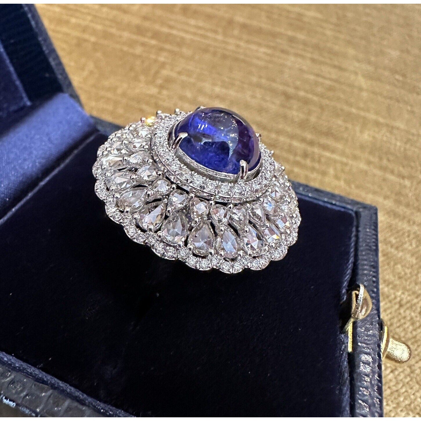 Tanzanite Cabochon and Rosecut Diamond Ring in 18k White Gold