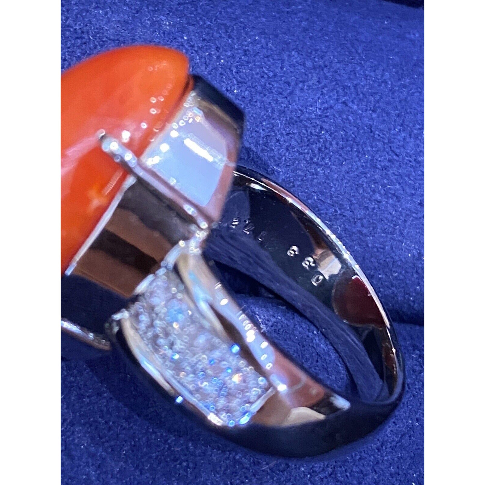Large Oval Red Coral Cabochon & Diamond Cocktail Ring in Platinum
