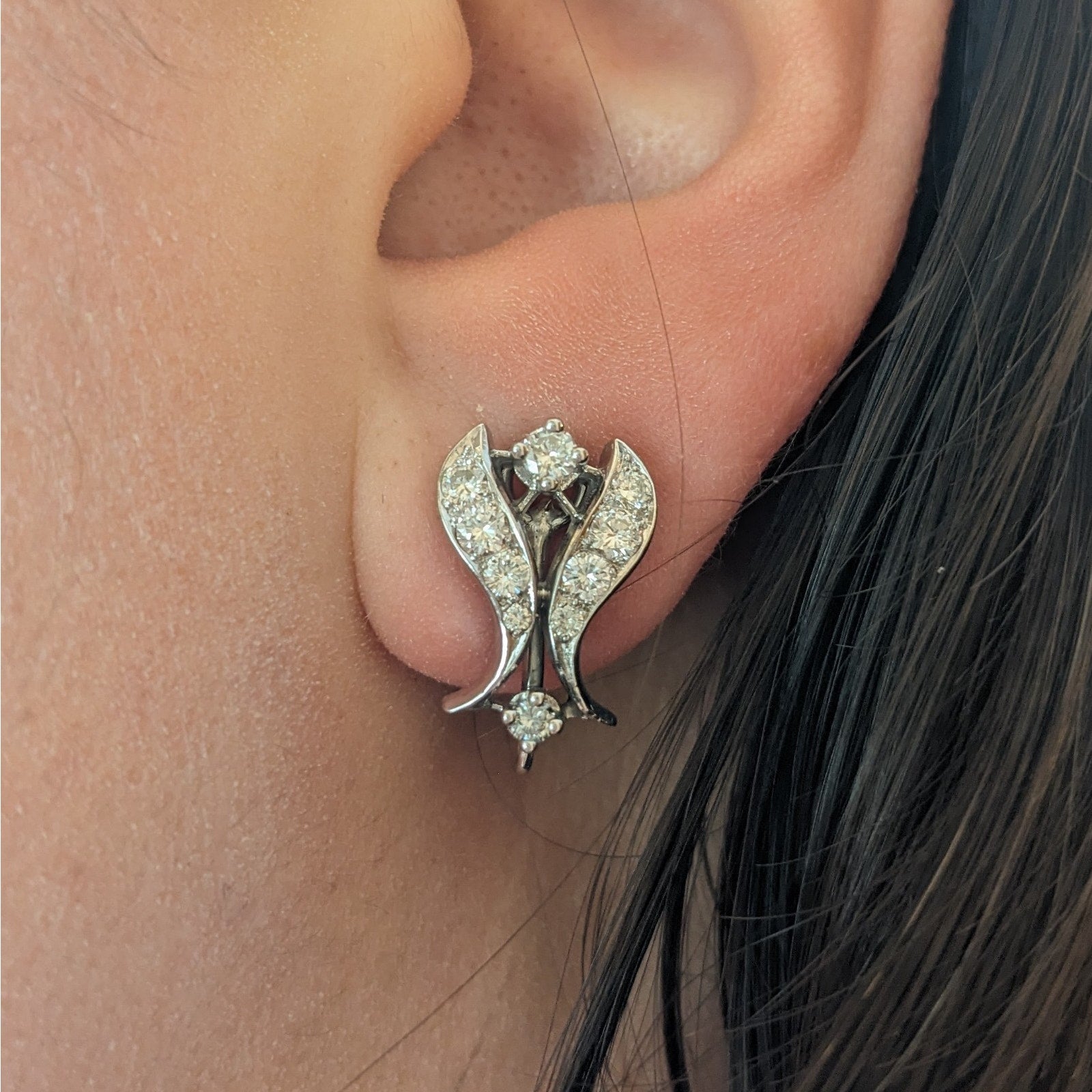 Vintage Diamond Dangle Earrings with Pearl Drop in 14k White Gold