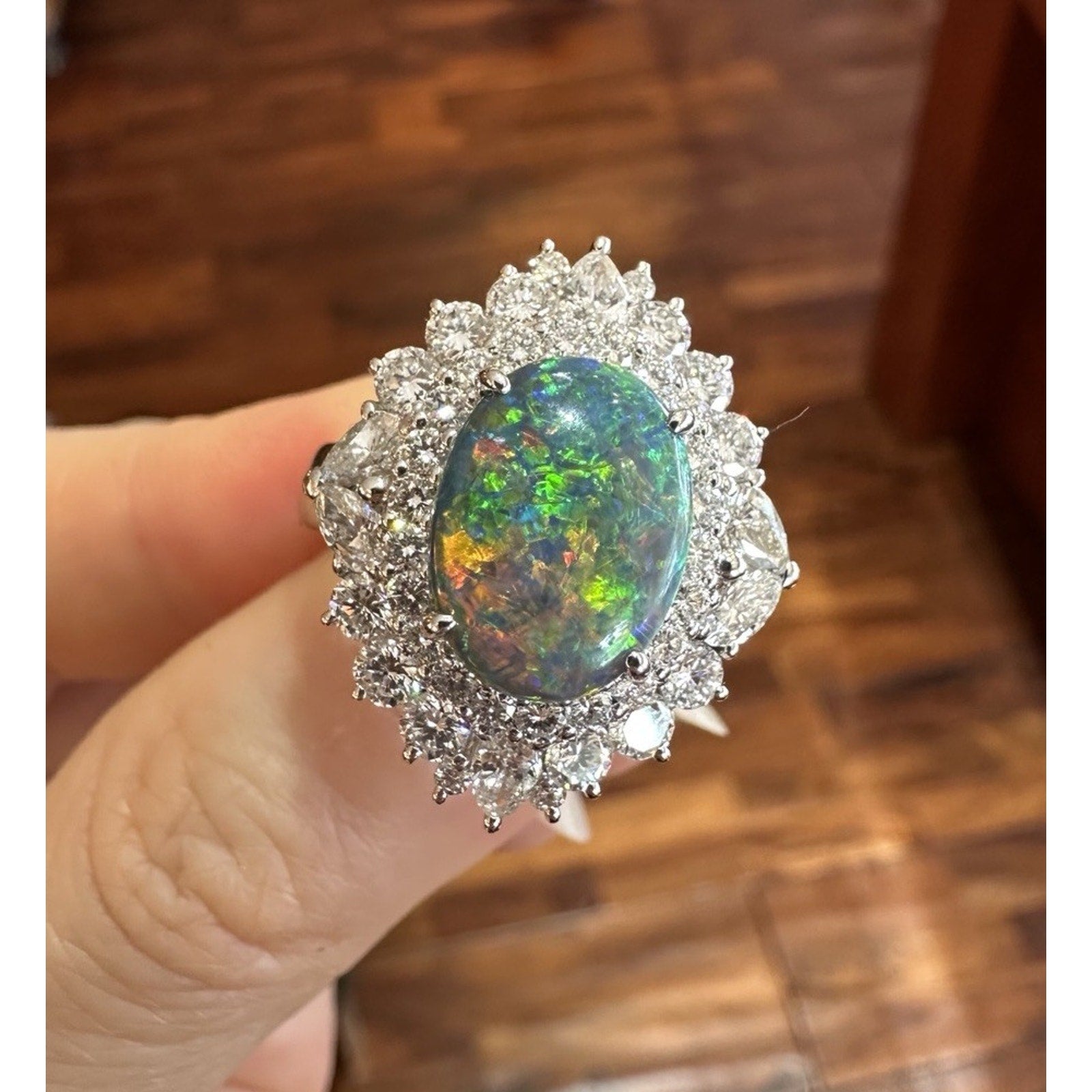 Natural Black Opal 2.53 ct and Diamond Cocktail Ring in Platinum