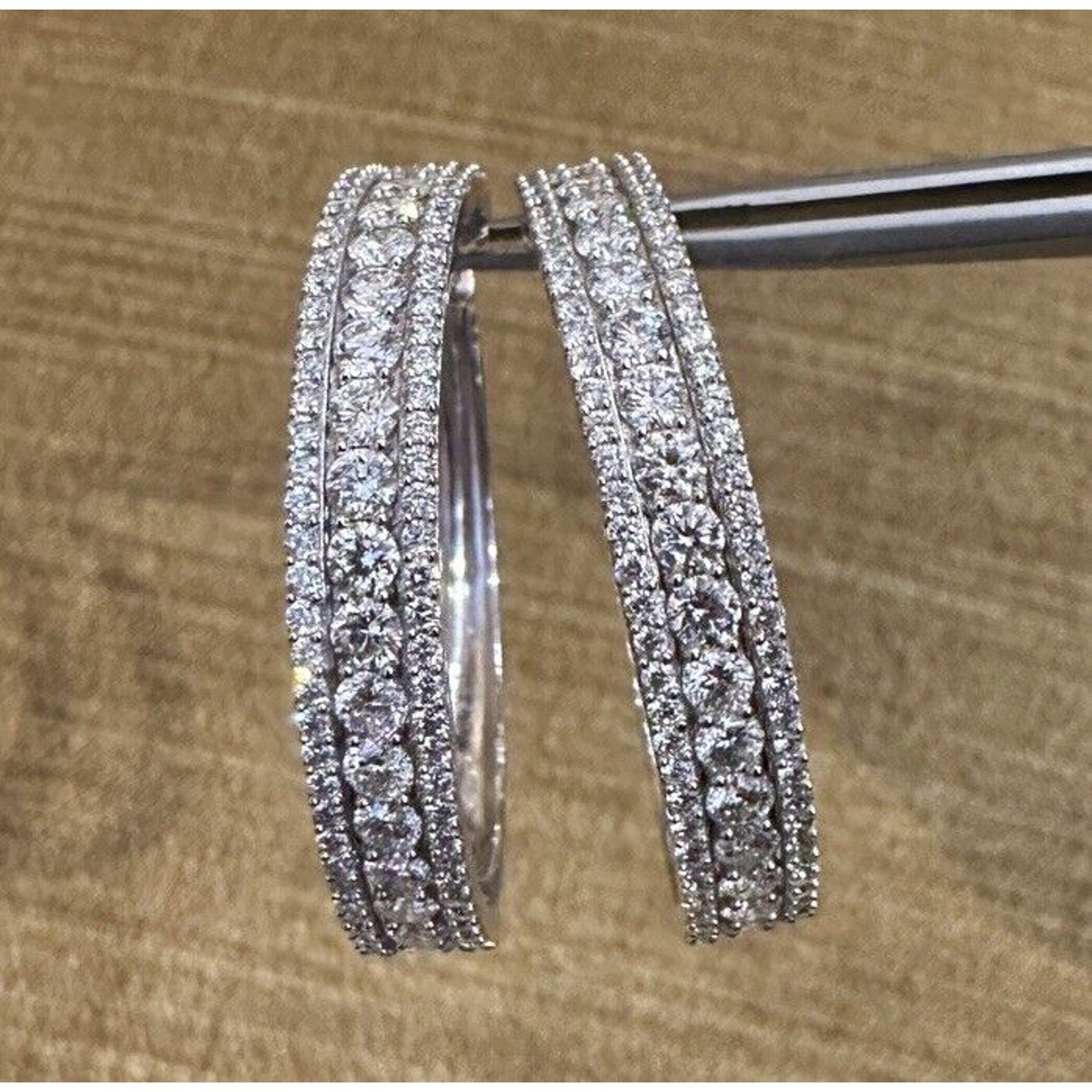 1.50" Round Wide 3 Row Front Side Diamond Hoops in 14k White Gold-HM2451AR