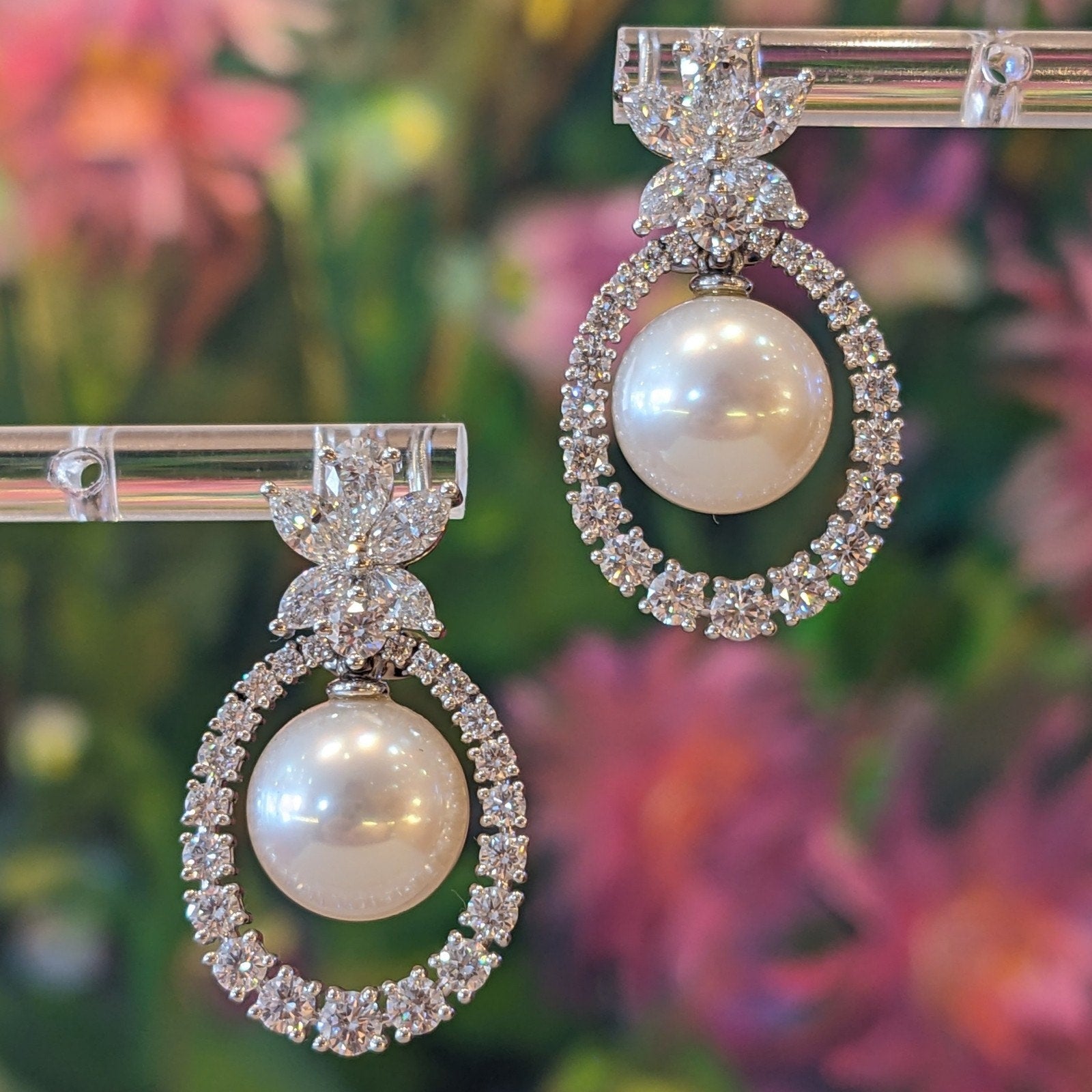 Natural Diamond and Pearl Dangle Earrings in 18k White Gold