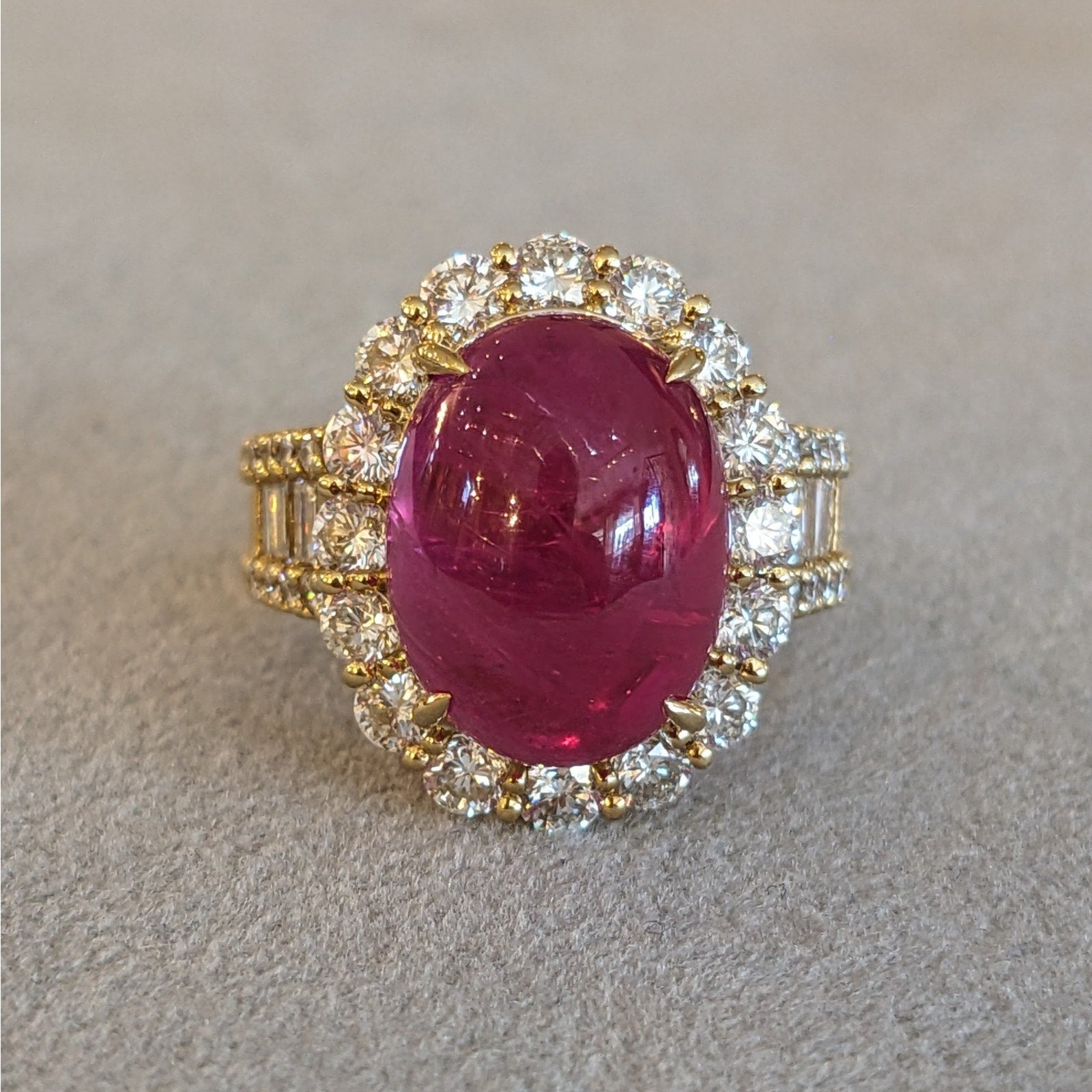 GIA Burma Cabochon Ruby 13.60 ct and Diamond Ring in 18k Yellow Gold