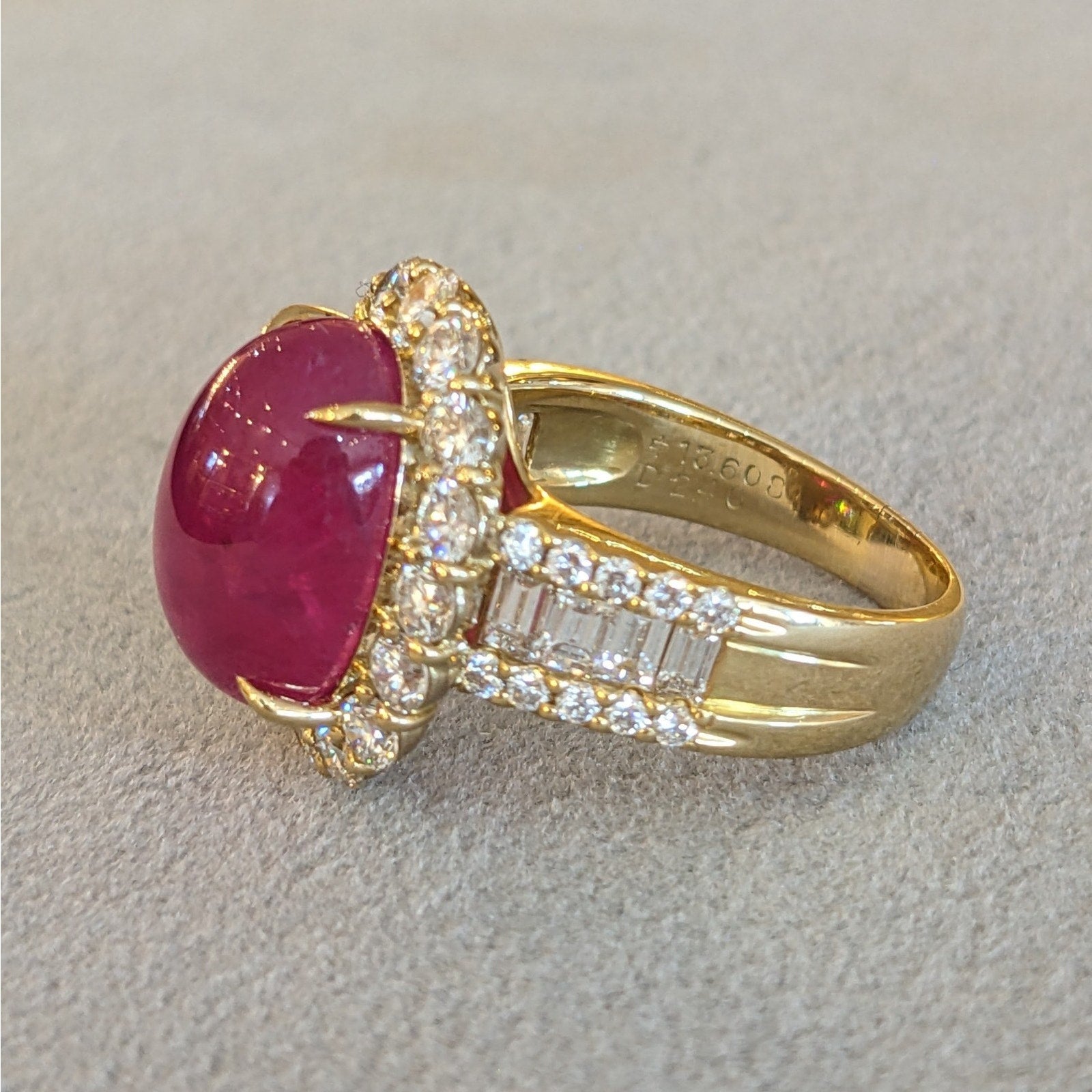 GIA Burma Cabochon Ruby 13.60 ct and Diamond Ring in 18k Yellow Gold