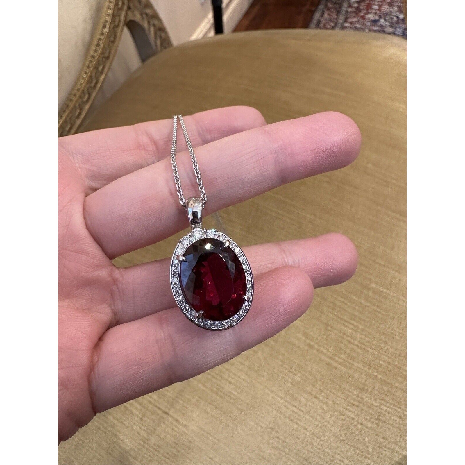 GIA Oval Rubellite Tourmaline 12.18 ct Pendant with Diamonds in Platinum-HM2367B