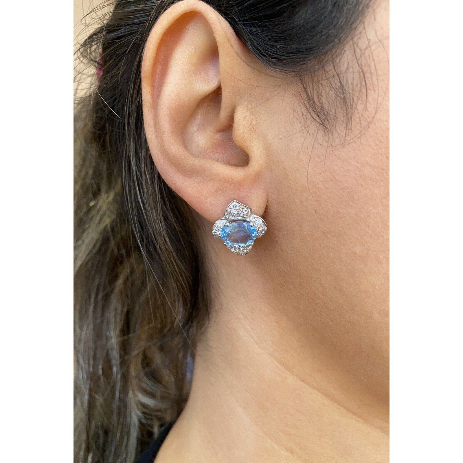 Blue Topaz & Diamond Flower Button Earrings in 18k White Gold