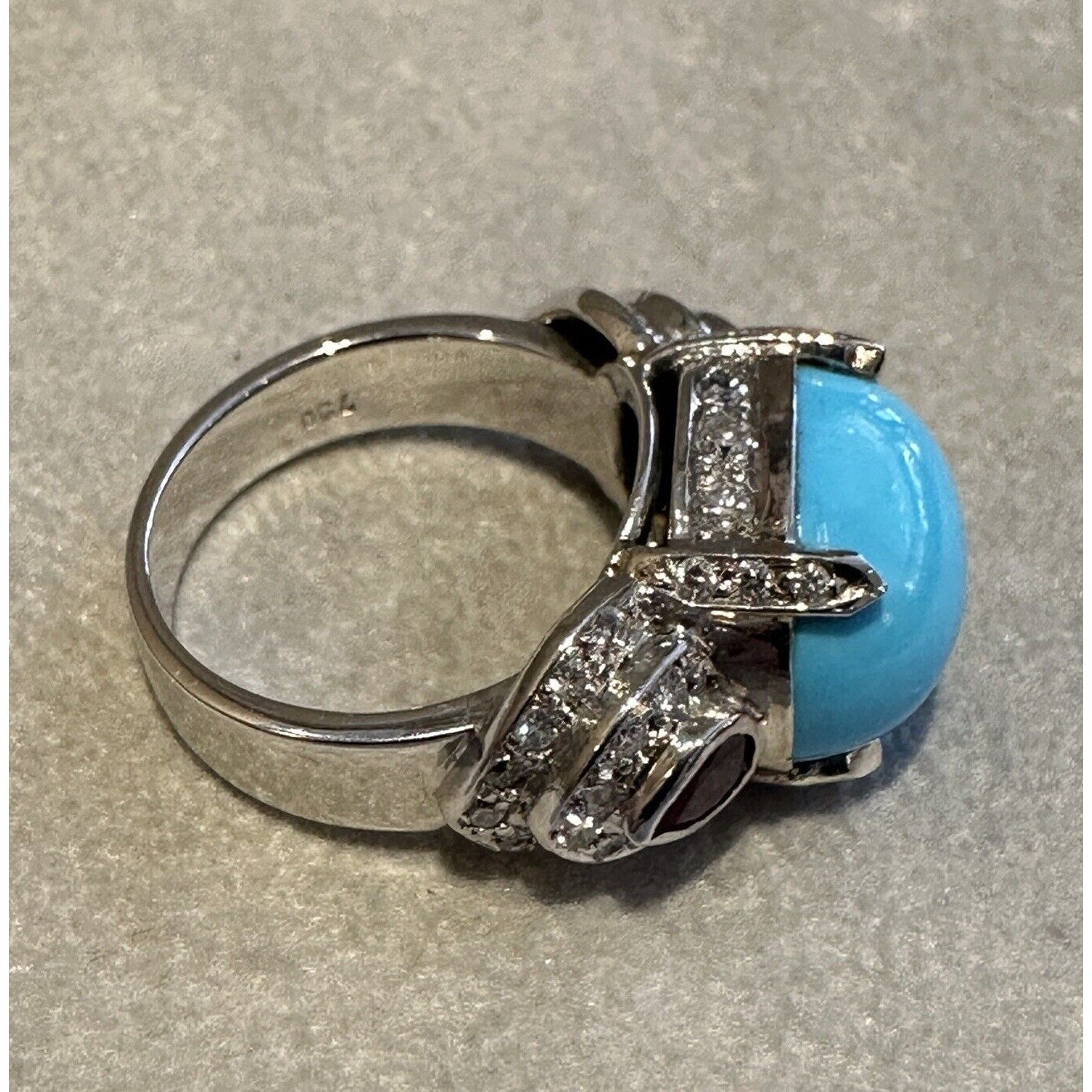 GIA Natural Turquoise, Ruby and Diamond Estate Ring in 18k White Gold