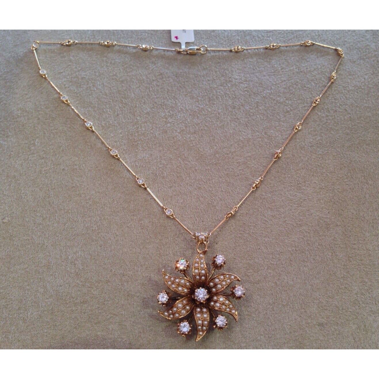 Pearl and Diamond Flower Pin/ Pendant Necklace in14k/18k Yellow Gold