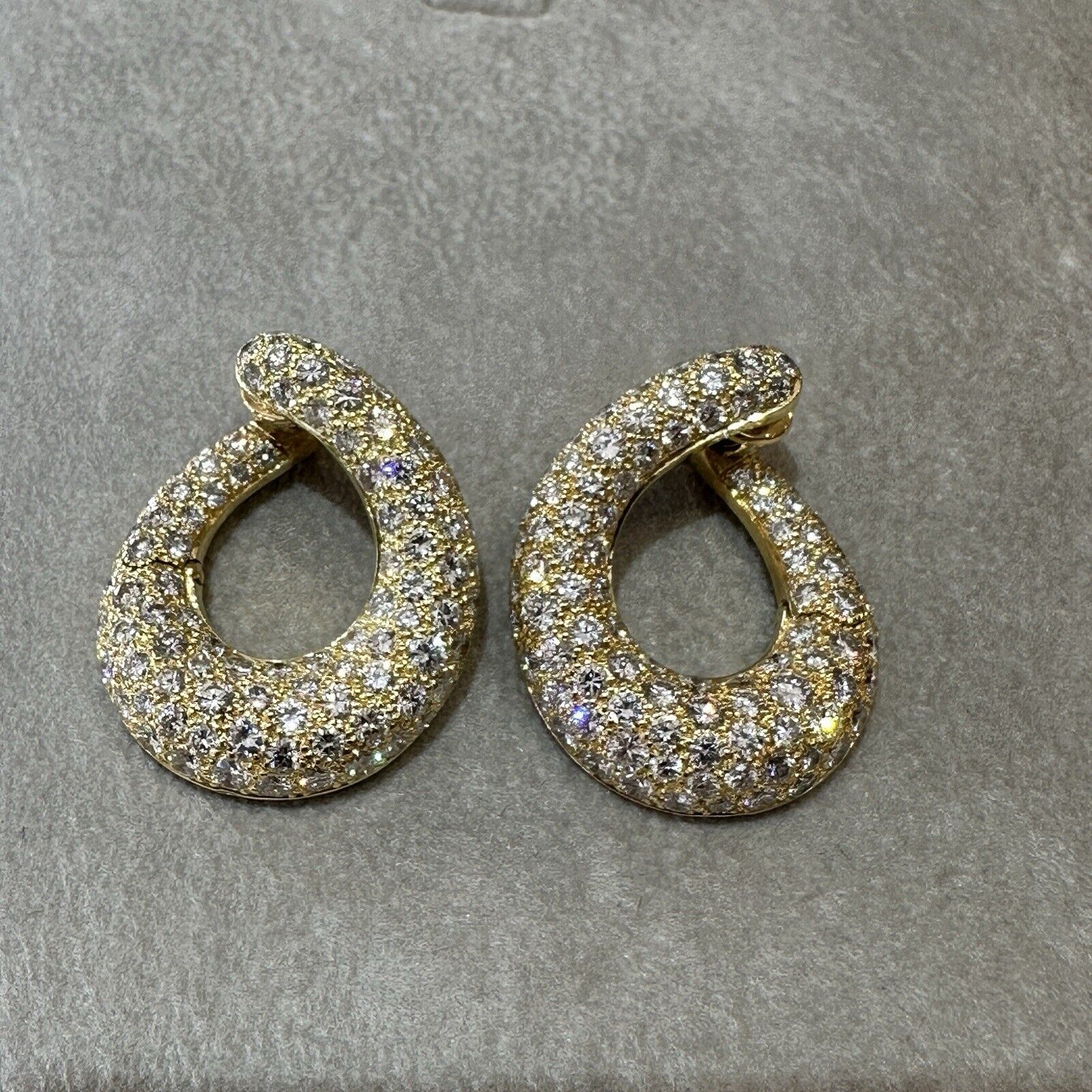 French Pave Diamond Crescent Hoop Earrings in 18k Yellow Gold