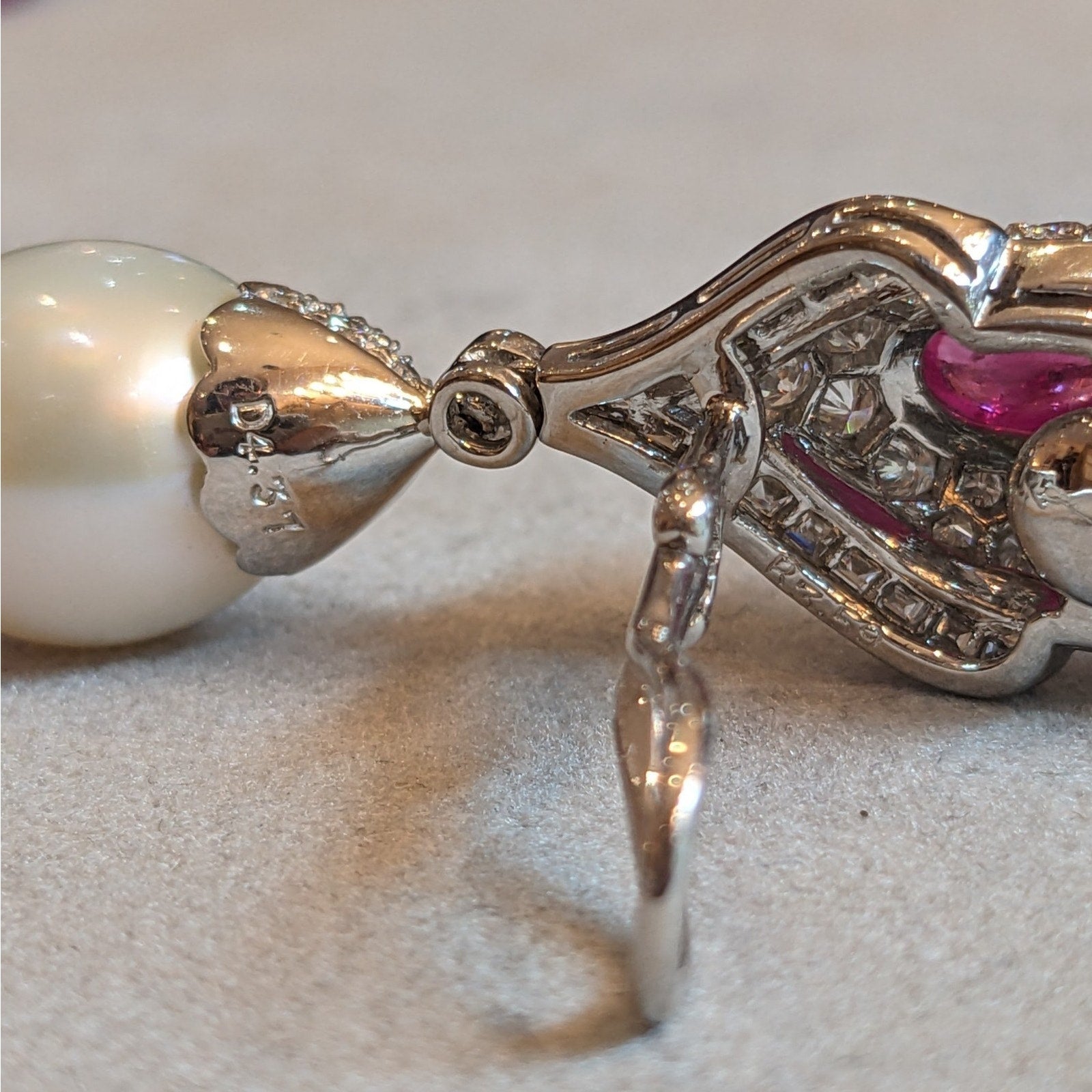 Natural Ruby, Diamond and Pearl Drop Earrings in Platinum