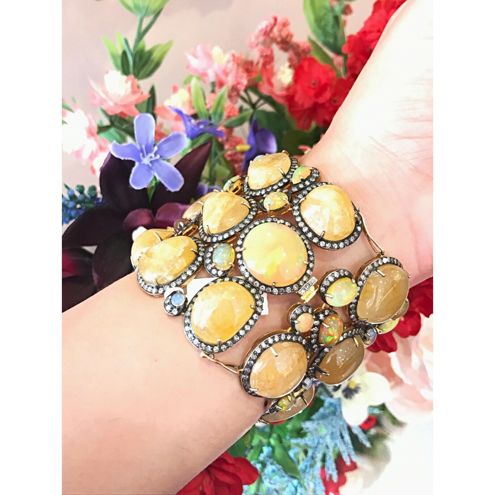 Sapphire, Opal & Diamond Wide Bracelet in 18K Gold with Black Rhodium
