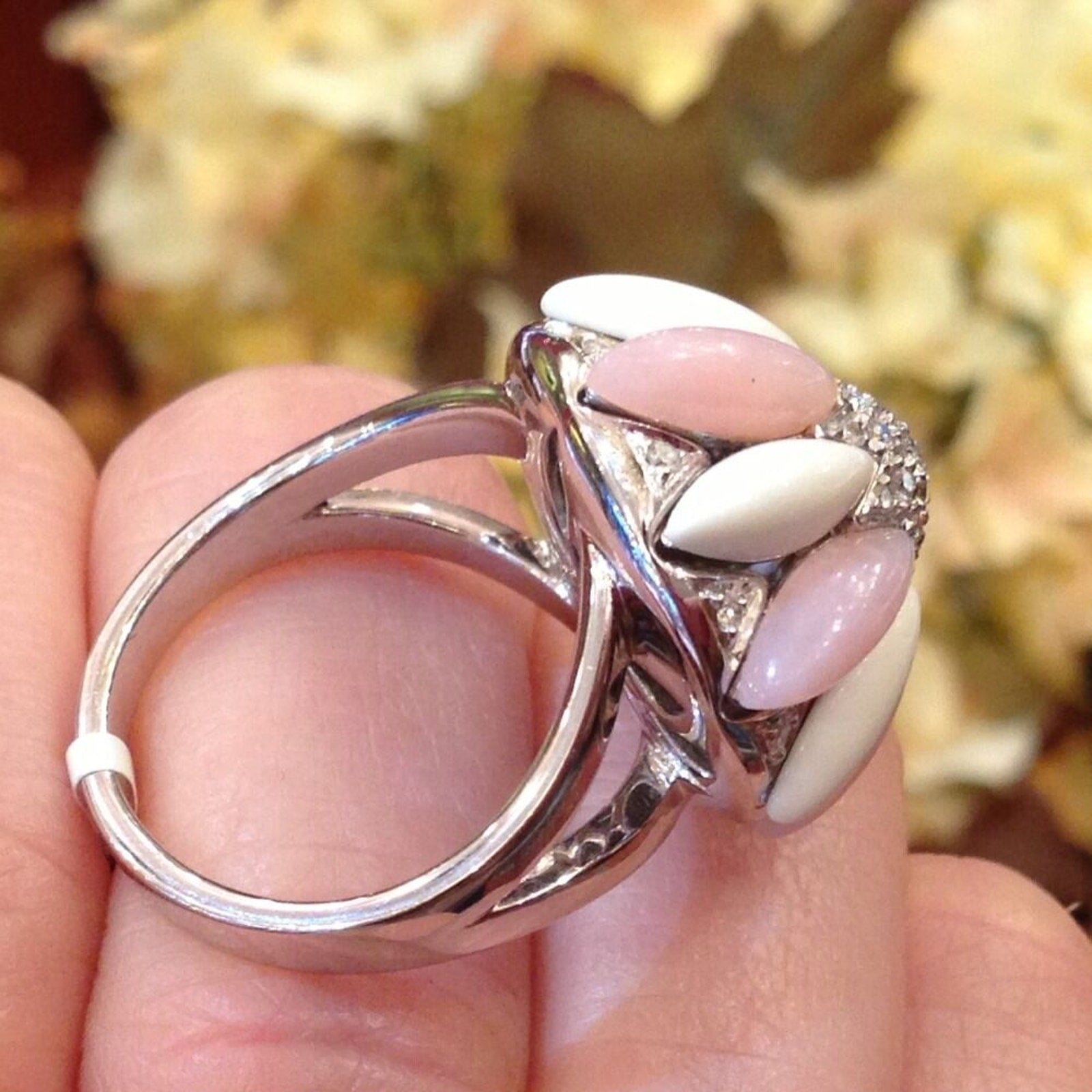 Flower Pave Diamond, Rose Quartz & Enamel Ring 18K White Gold