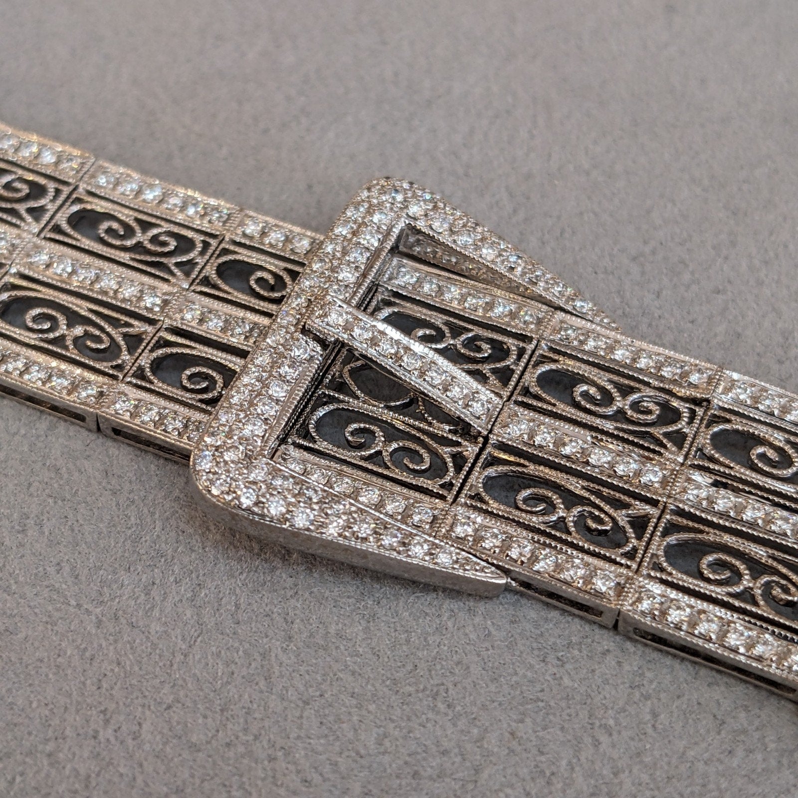 Wide Vintage Diamond Buckle Bracelet in 18k White Gold