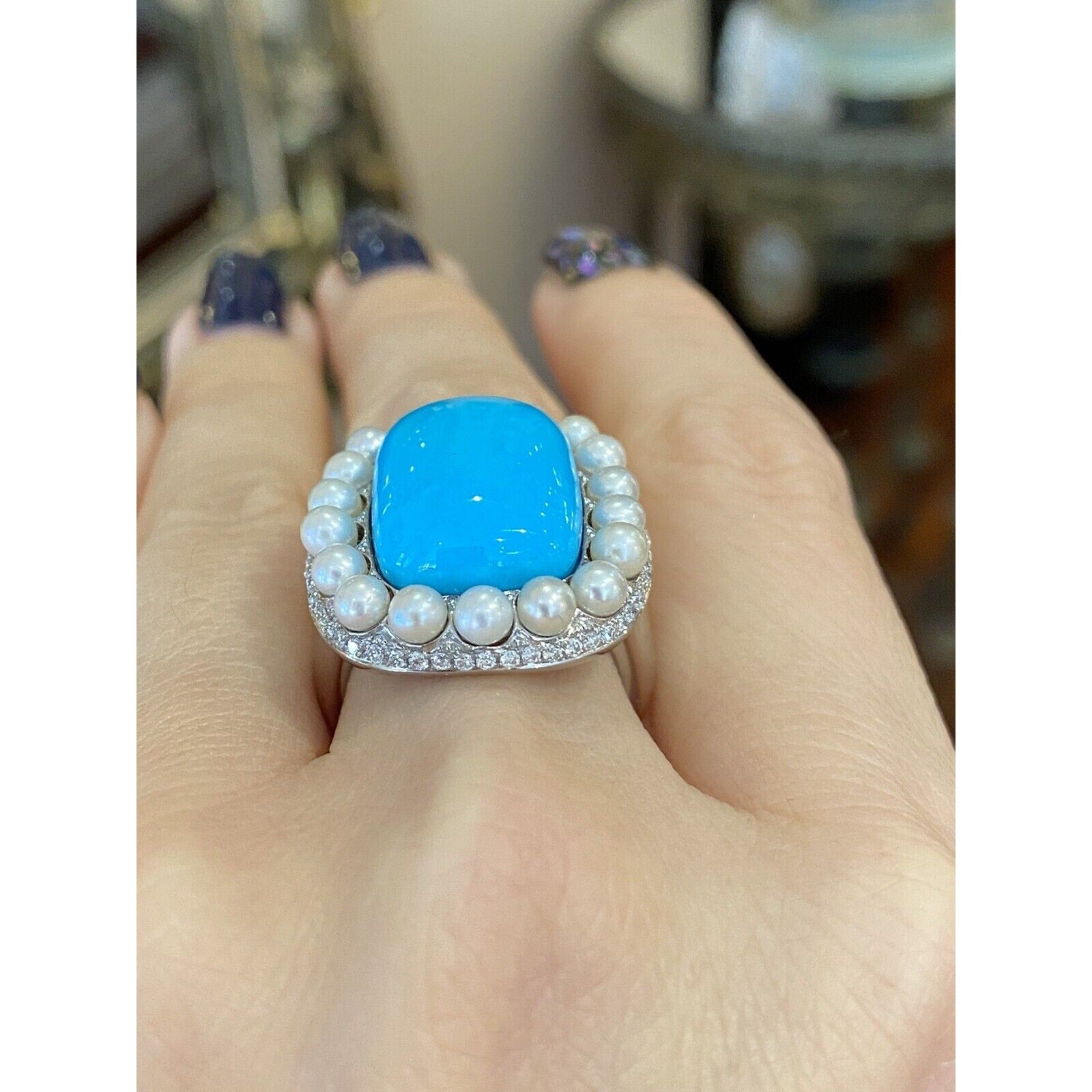 Turquoise, Pearl and Diamond Cocktail Ring in 18k White Gold