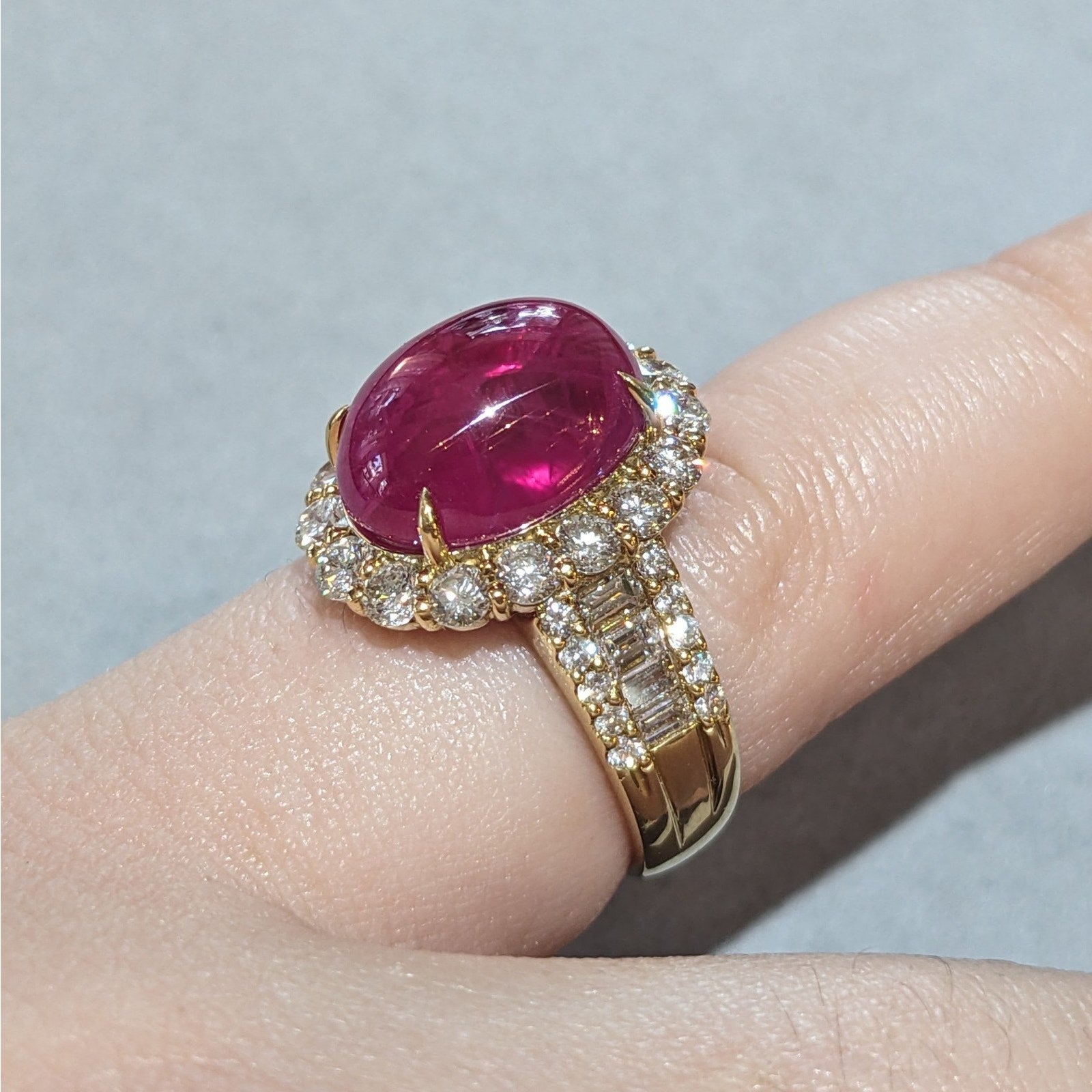 GIA Burma Cabochon Ruby 13.60 ct and Diamond Ring in 18k Yellow Gold