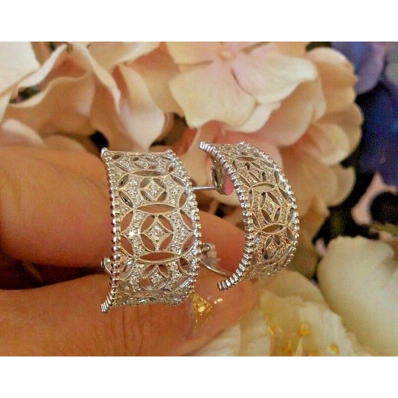 Wide Diamond Openwork Hoop Earrings in Platinum/14k Gold