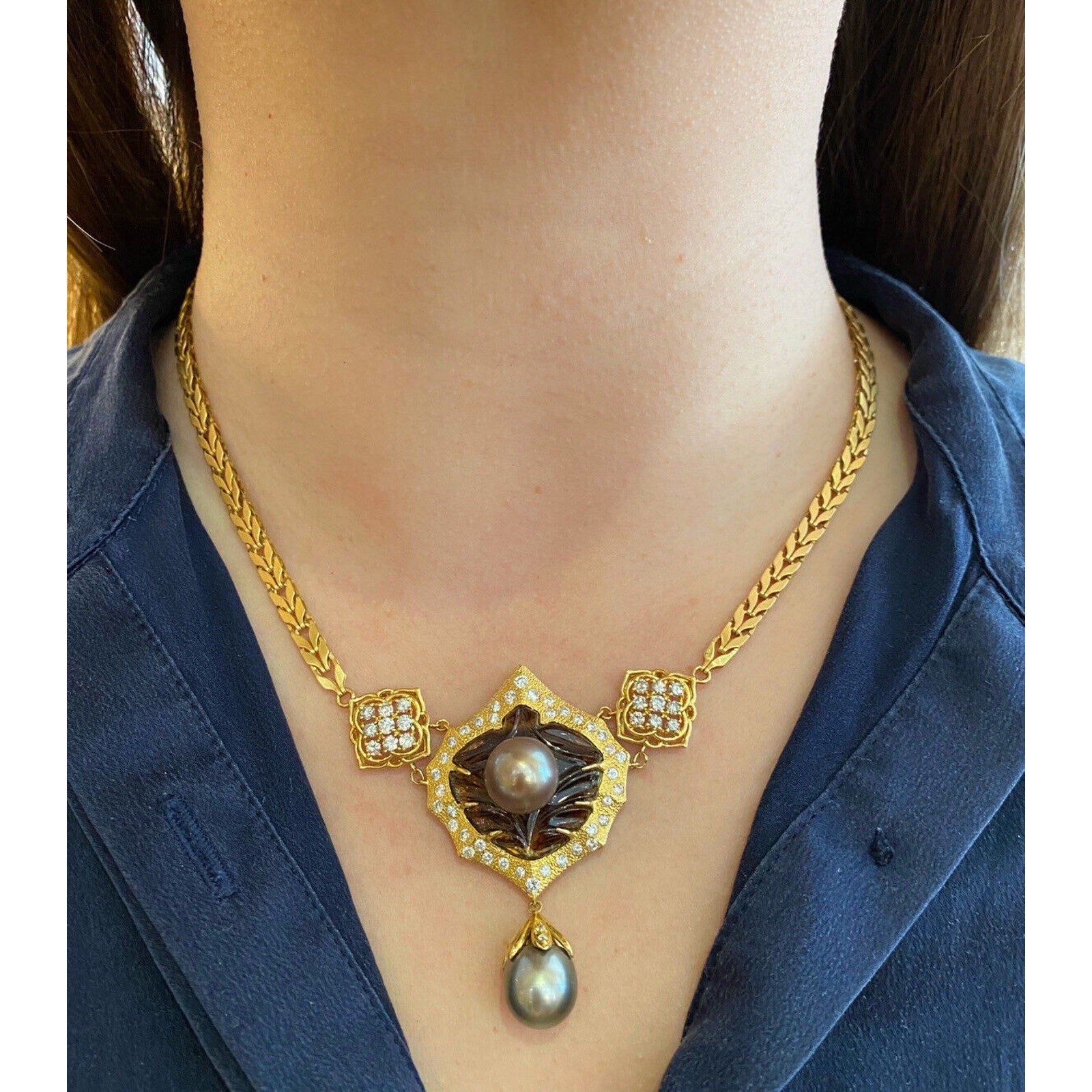 Vintage Black Pearls, Tourmaline and Diamond in 18k Yellow Gold -- HM1700AS