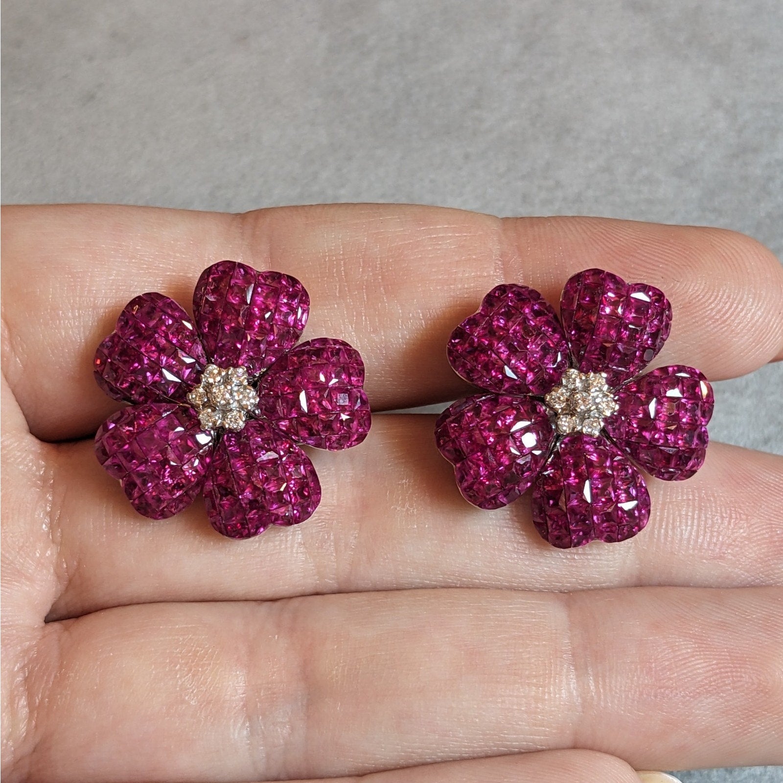 Natural Ruby Mystery Set Flower Earrings with Diamonds in 18k White Gold