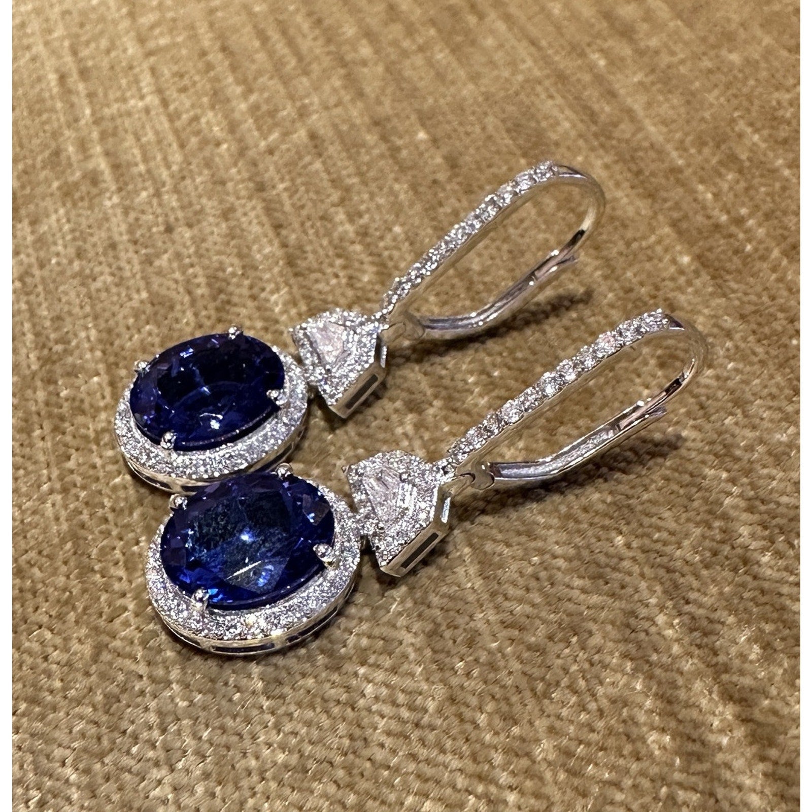 Oval Tanzanite & Diamond Drop Earrings in 18k White Gold