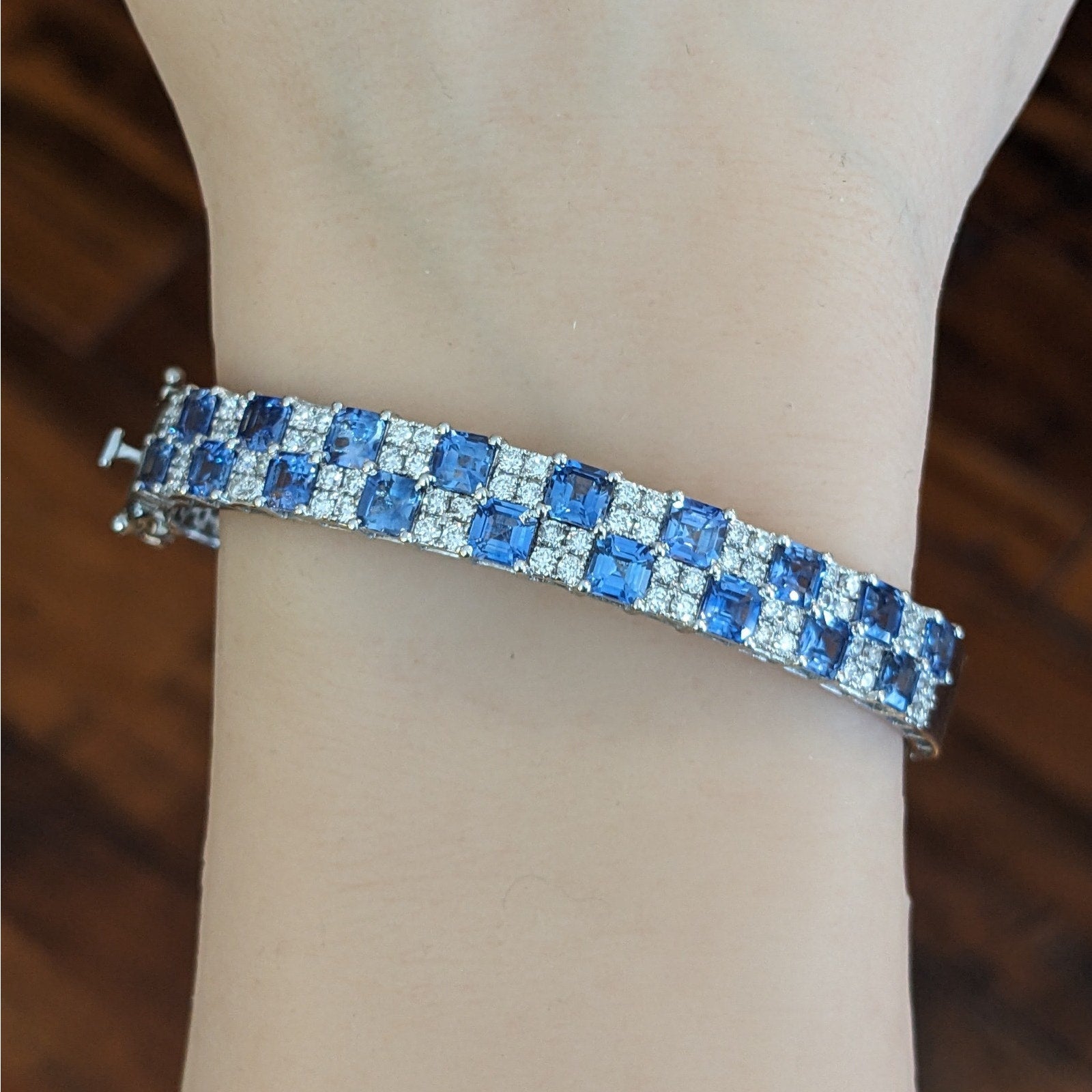 Natural Sapphire and Diamond Bangle Bracelet in 14k White Gold