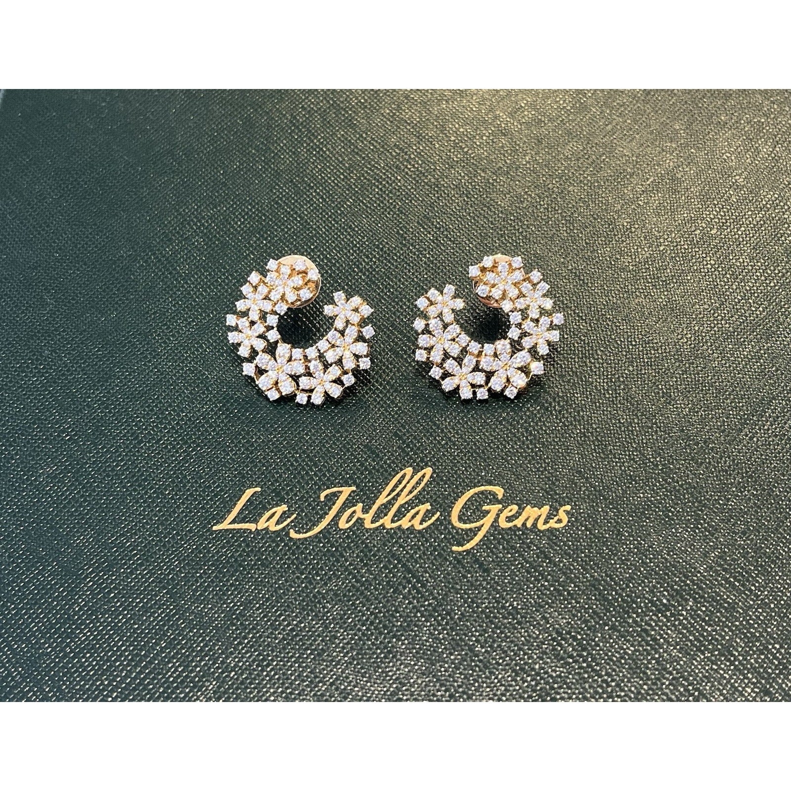 Diamond Crescent Earrings with Floret Motif in 18k Yellow Gold