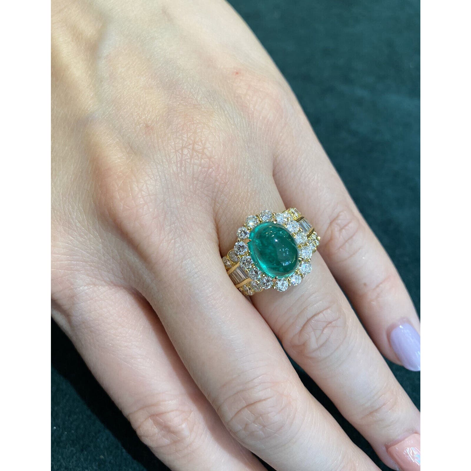 GIA 5.12ct Emerald Cabochon & Diamond Ring in 18k Yellow Gold - HM2222BR