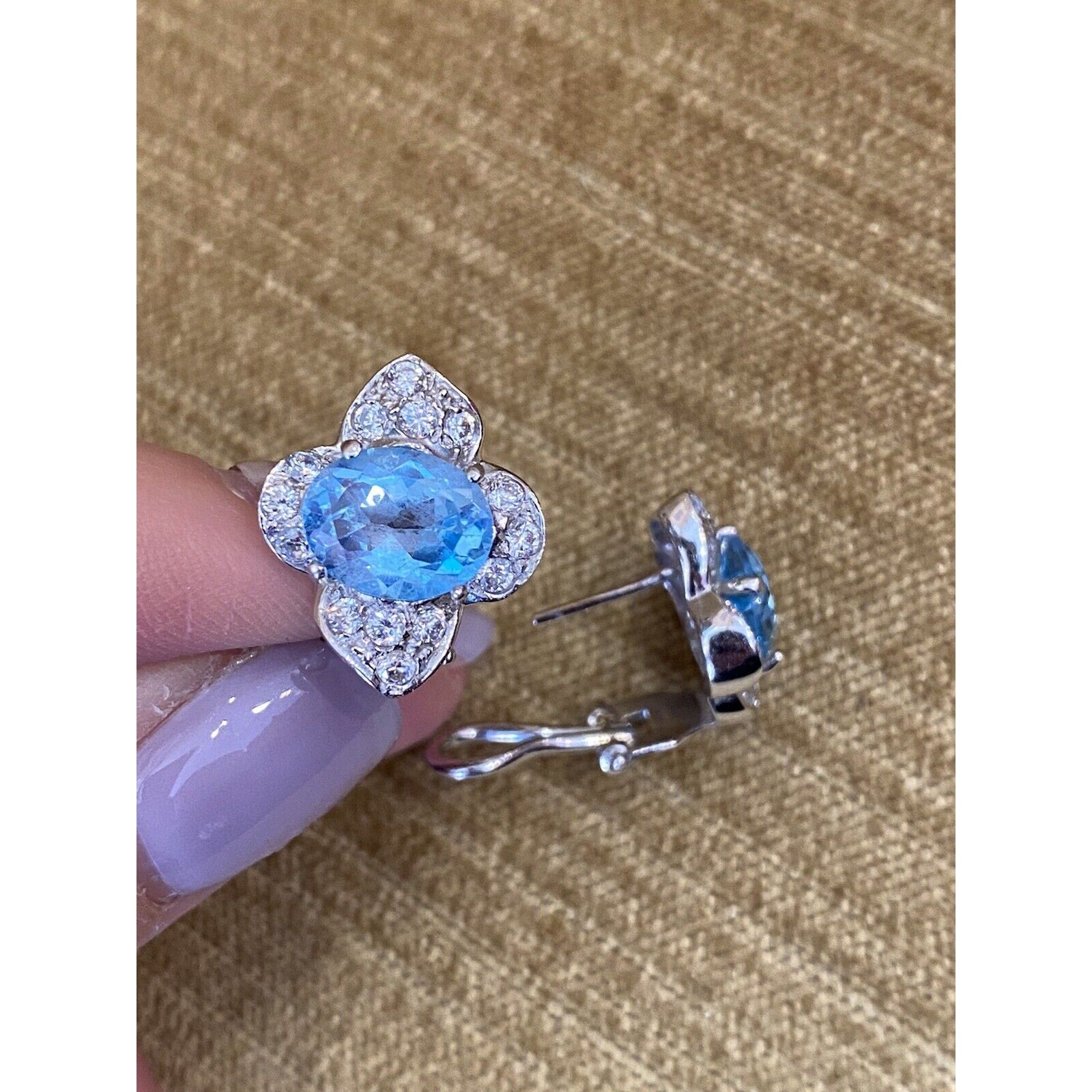 Blue Topaz & Diamond Flower Button Earrings in 18k White Gold