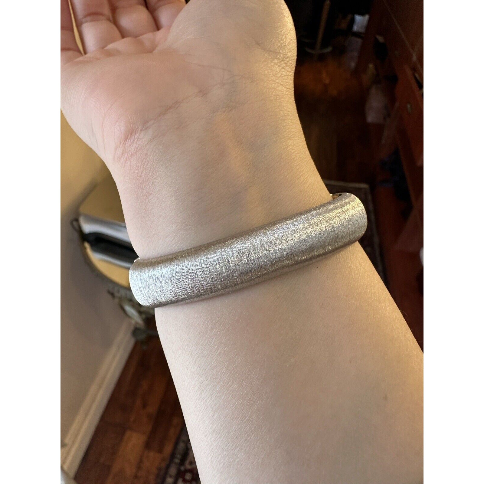 Wide Diamond Bangle Bracelet in Textured 18k White and Yellow Gold