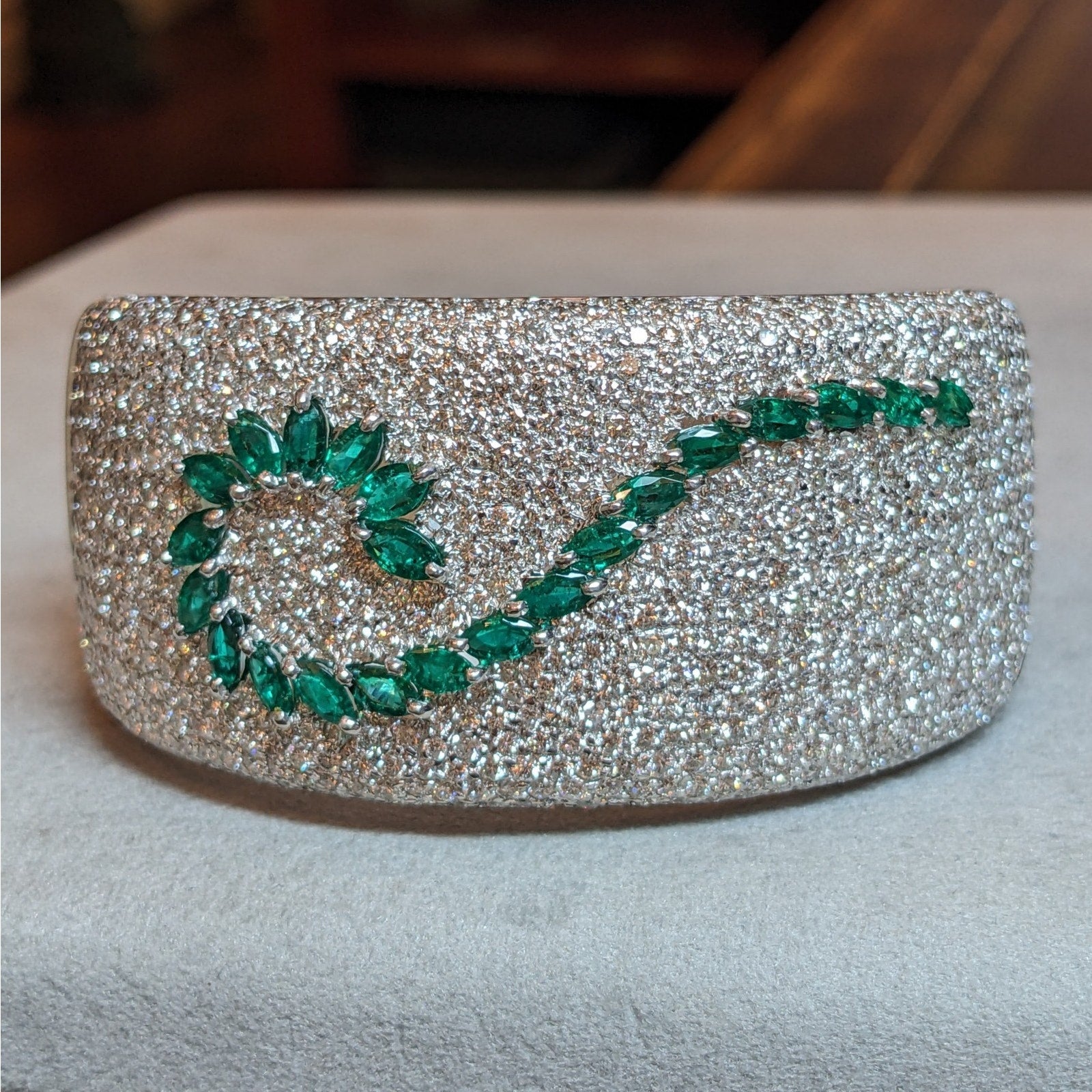 Wide Pave Diamond and Marquise Emerald Bangle Bracelet in 18k Gold