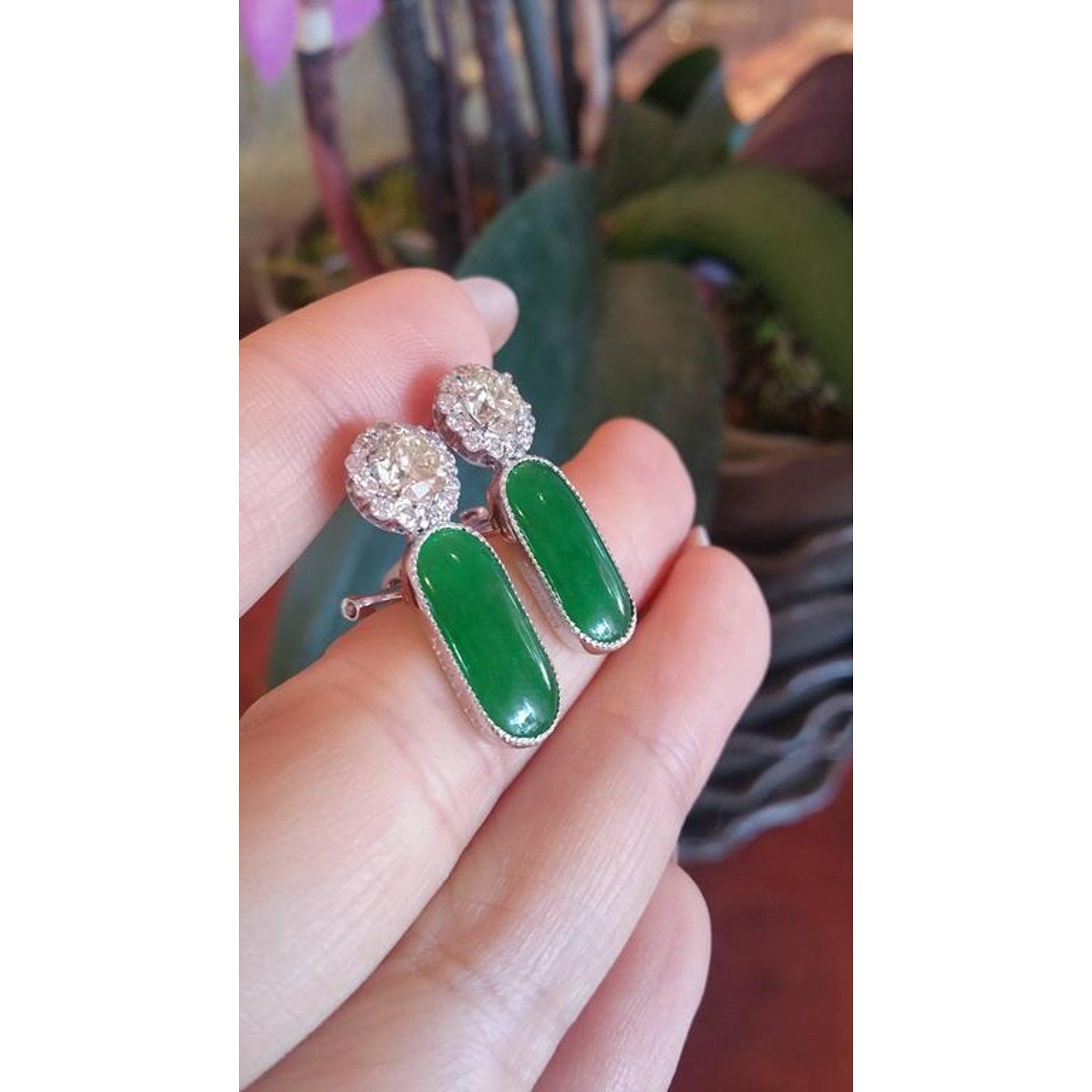 GIA Certified Natural Jadeite Jade Diamond Platinum Flower Earrings