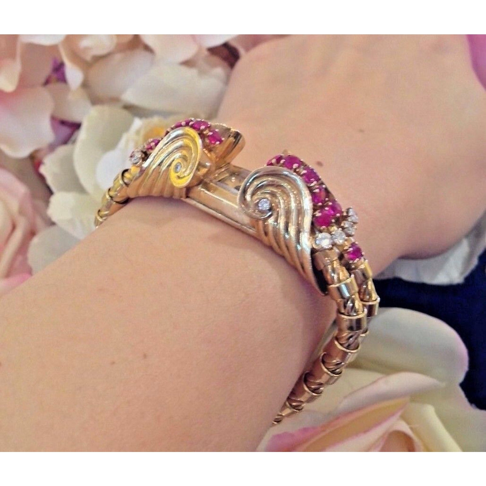 French Retro Ruby and Diamond Bracelet Watch in 18k Rose Gold