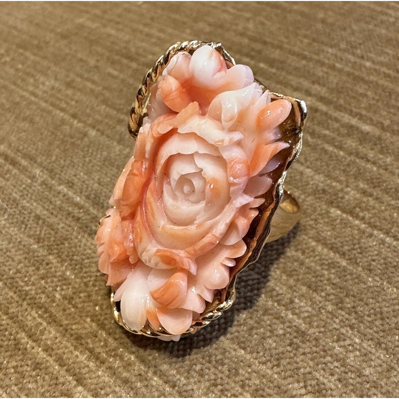 Carved Rose Angel Skin Coral Ring in 18k Yellow Gold