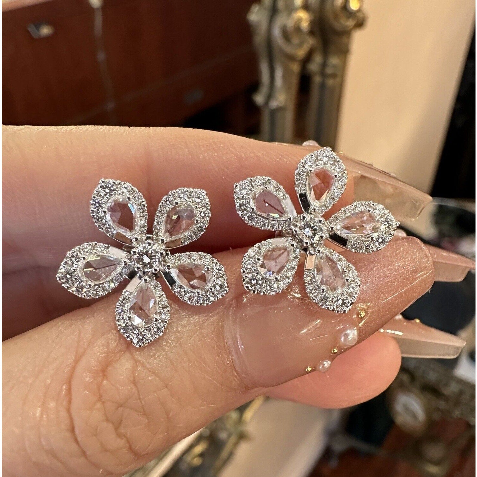 Diamond Flower Earrings with Rose Cuts 2.10 cttw in 18k White Gold