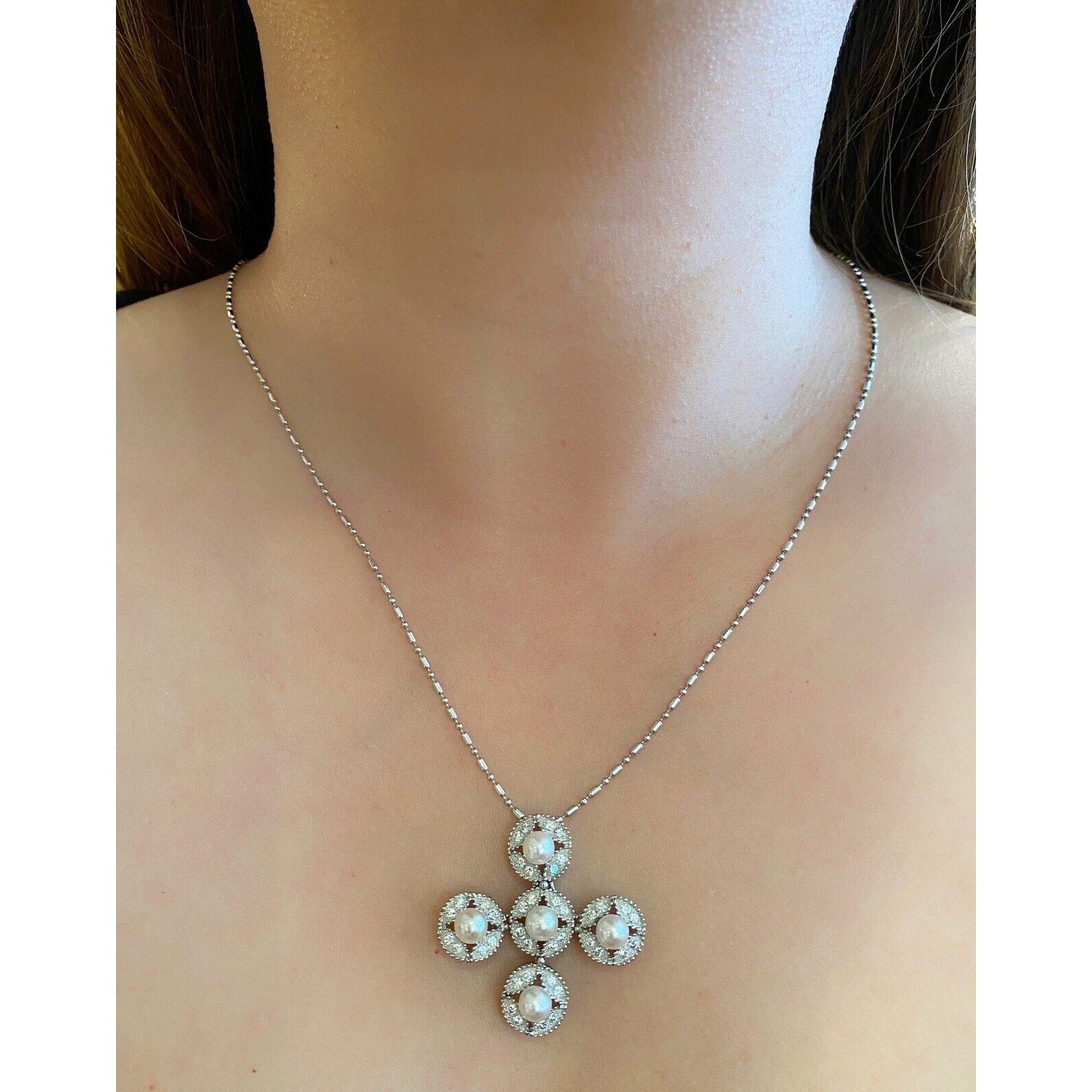 Diamond and Pearl Cross Pendant Necklace in Platinum