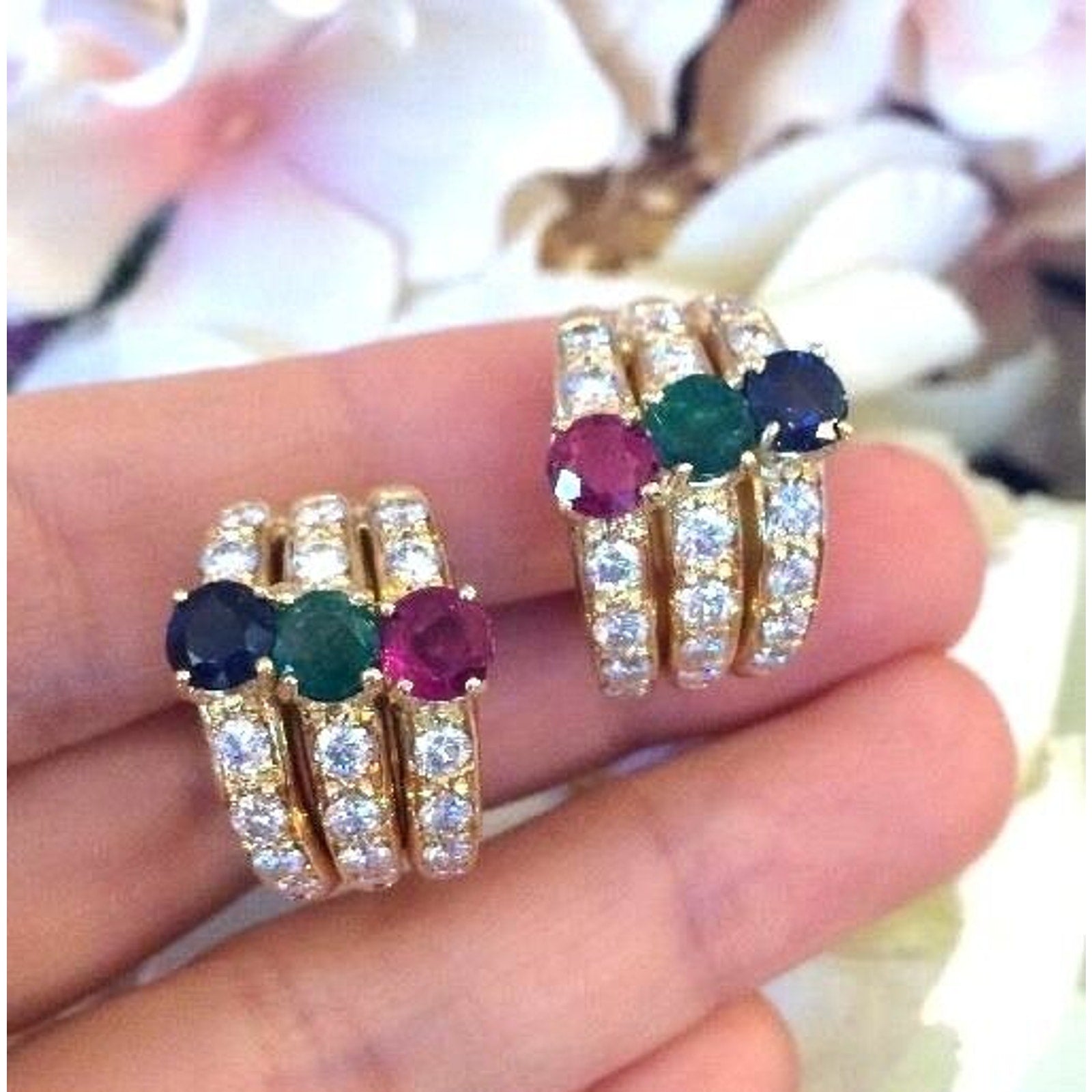 Diamond, Ruby, Emerald, Sapphire Half Hoop Earrings in 18k Yellow Gold