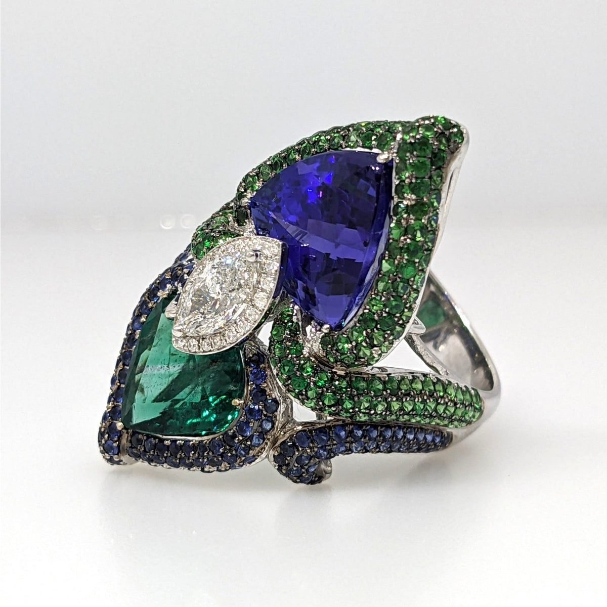 GIA Natural Emerald and Tanzanite and Diamond Ring in 18k White Gold