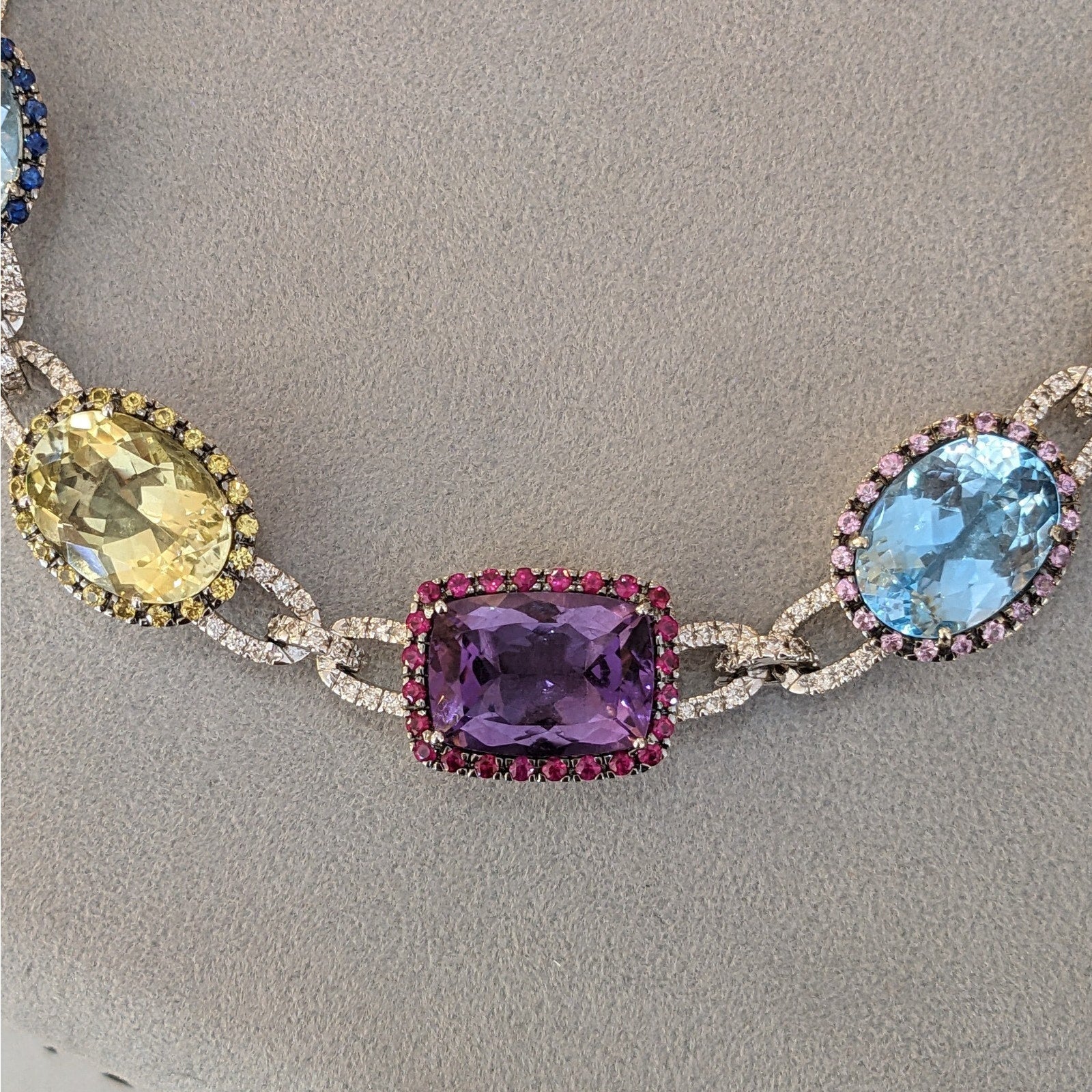 Multi-Color Gemstone Necklace with Diamonds in 18k White Gold