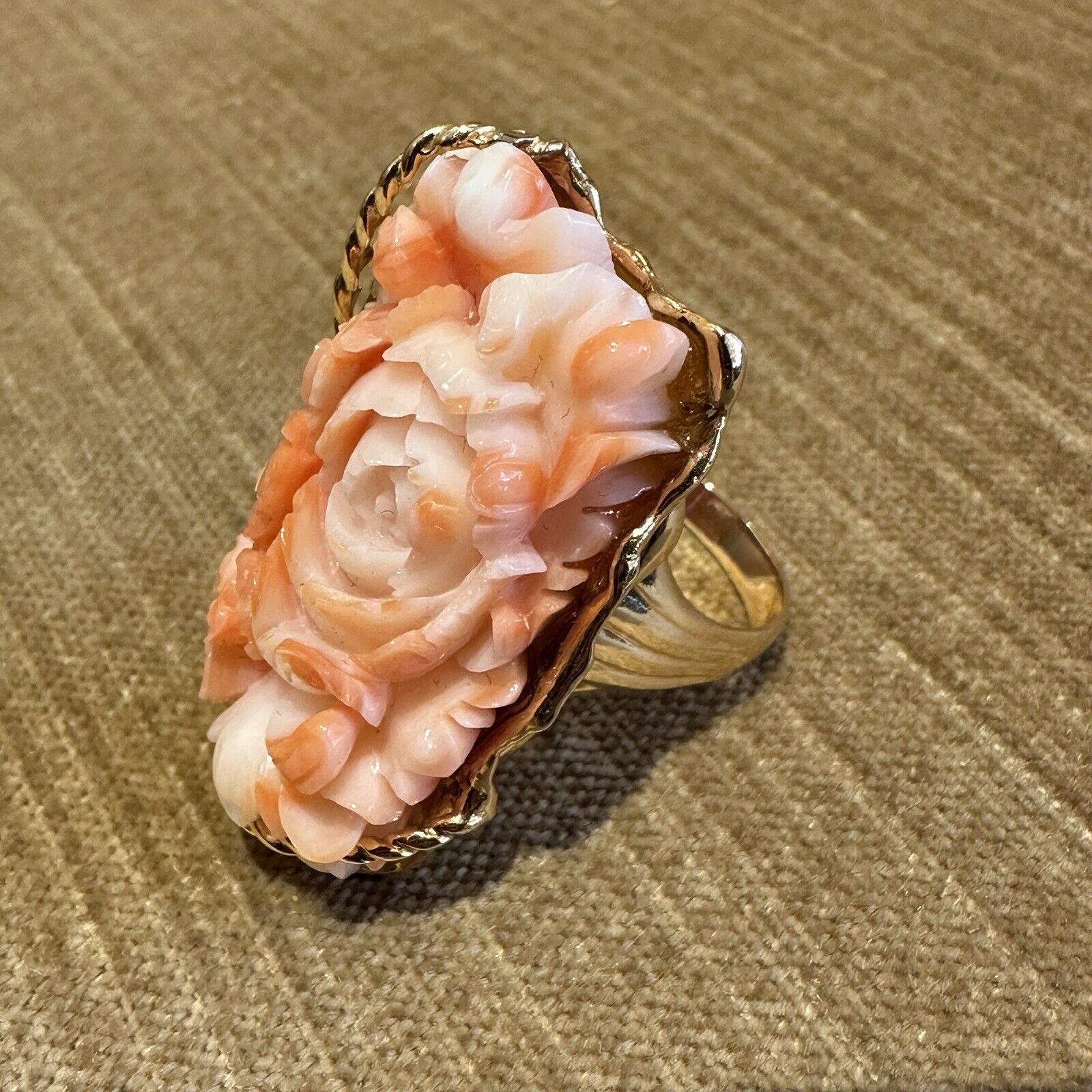 Carved Rose Angel Skin Coral Ring in 18k Yellow Gold