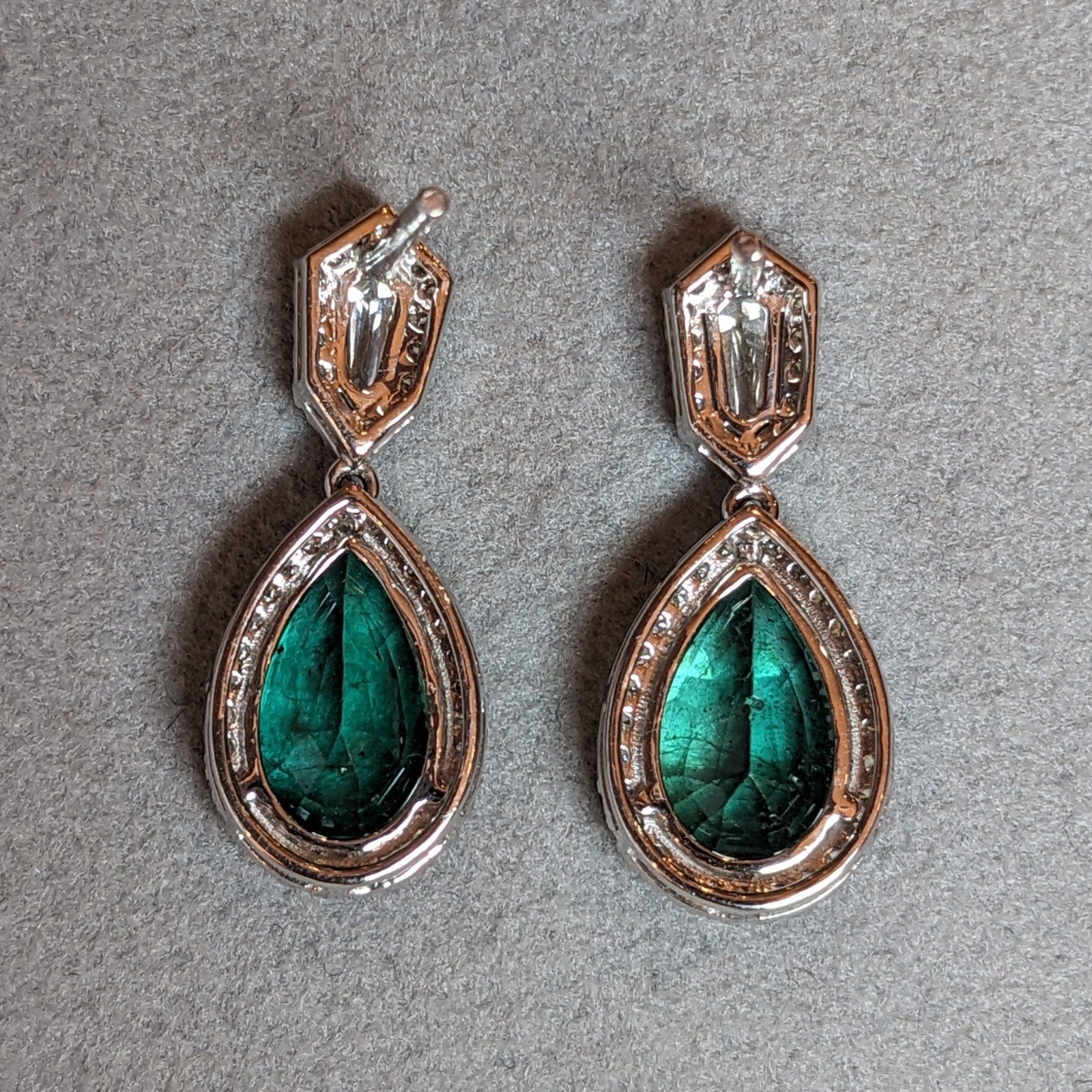 Pear Emerald and Diamond Drop Earrings in 18k White Gold