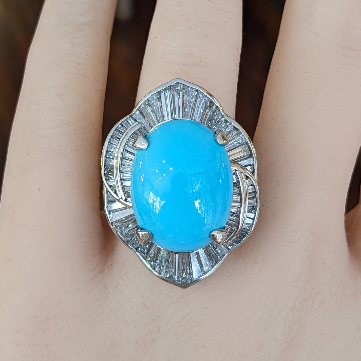 Large Turquoise and Baguette Diamond Cocktail Ring in Platinum