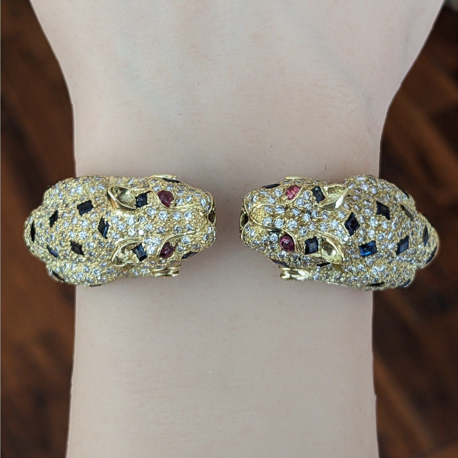 Panther Diamond and Sapphire Pave Bangle Bracelet in 18k Yellow Gold