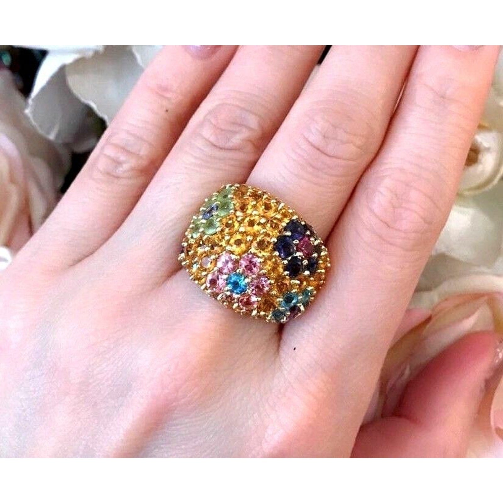 Wide Citrine-Peridot-Amethyst Flower Ring in 18k Yellow Gold