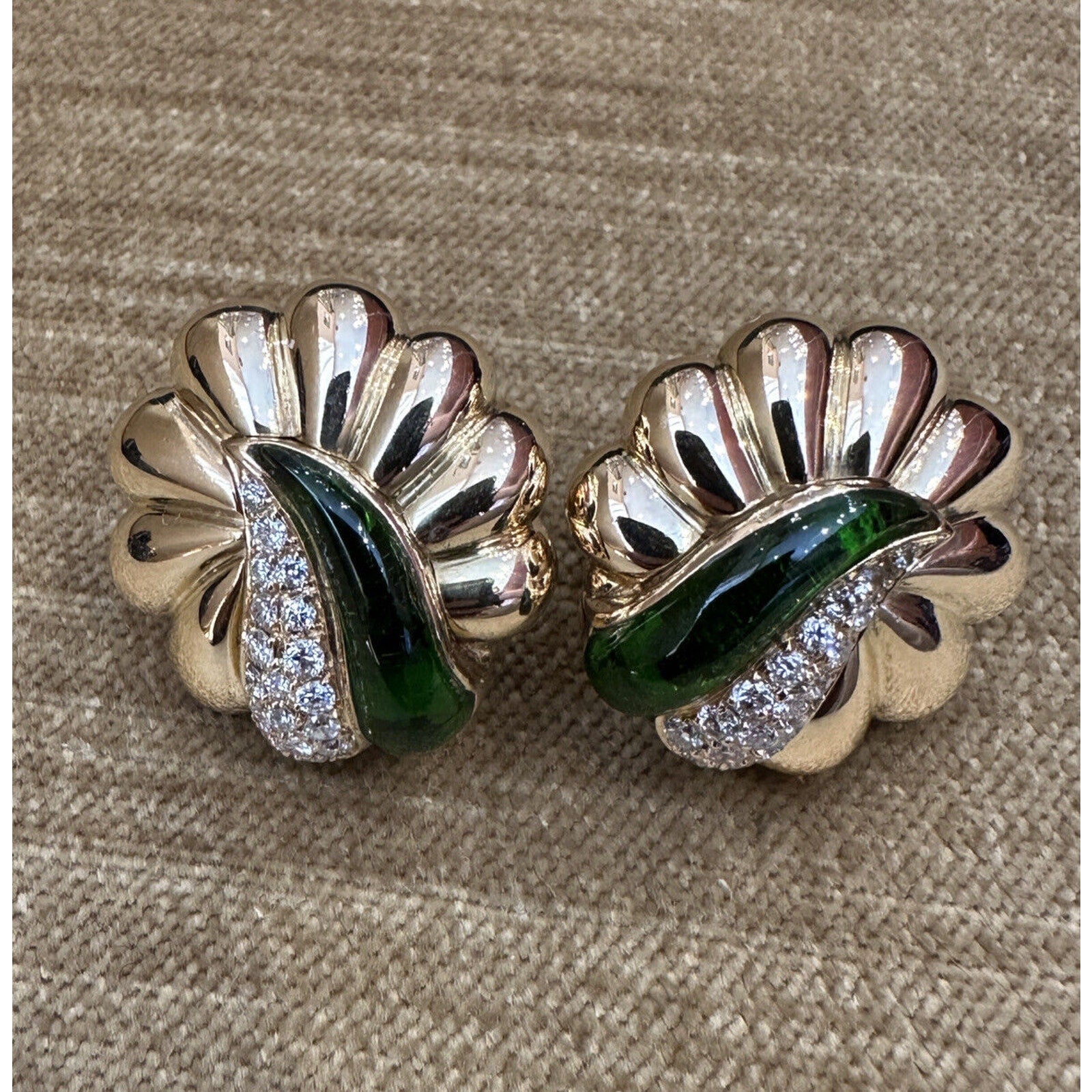 Green Enamel & Diamond Scallop Earrings in 18k Yellow Gold