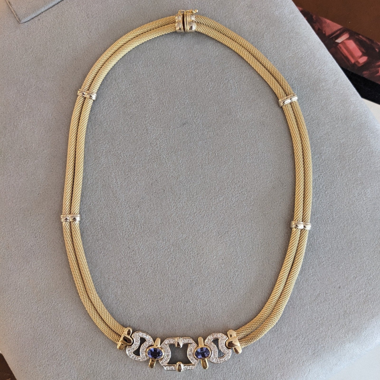 Tanzanite & Diamond Mesh Necklace in 14k Yellow and White Gold Italian