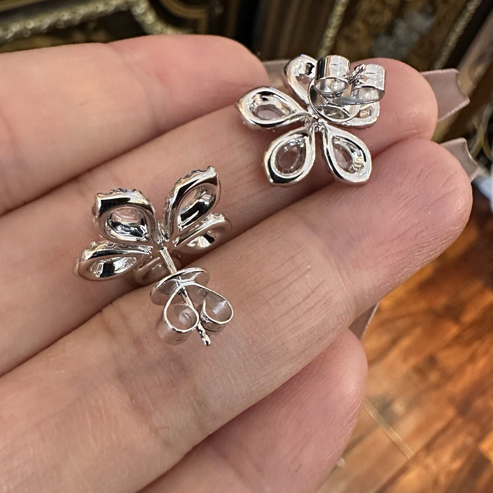 Diamond Flower Earrings with Rose Cuts 2.10 cttw in 18k White Gold