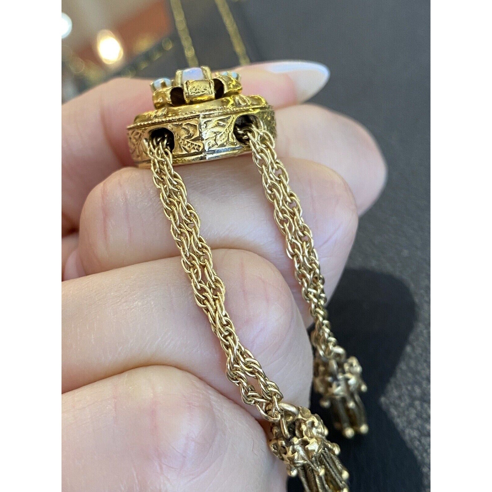 Vintage 28" Slide Tassel Necklace with Opals in 14k Yellow Gold