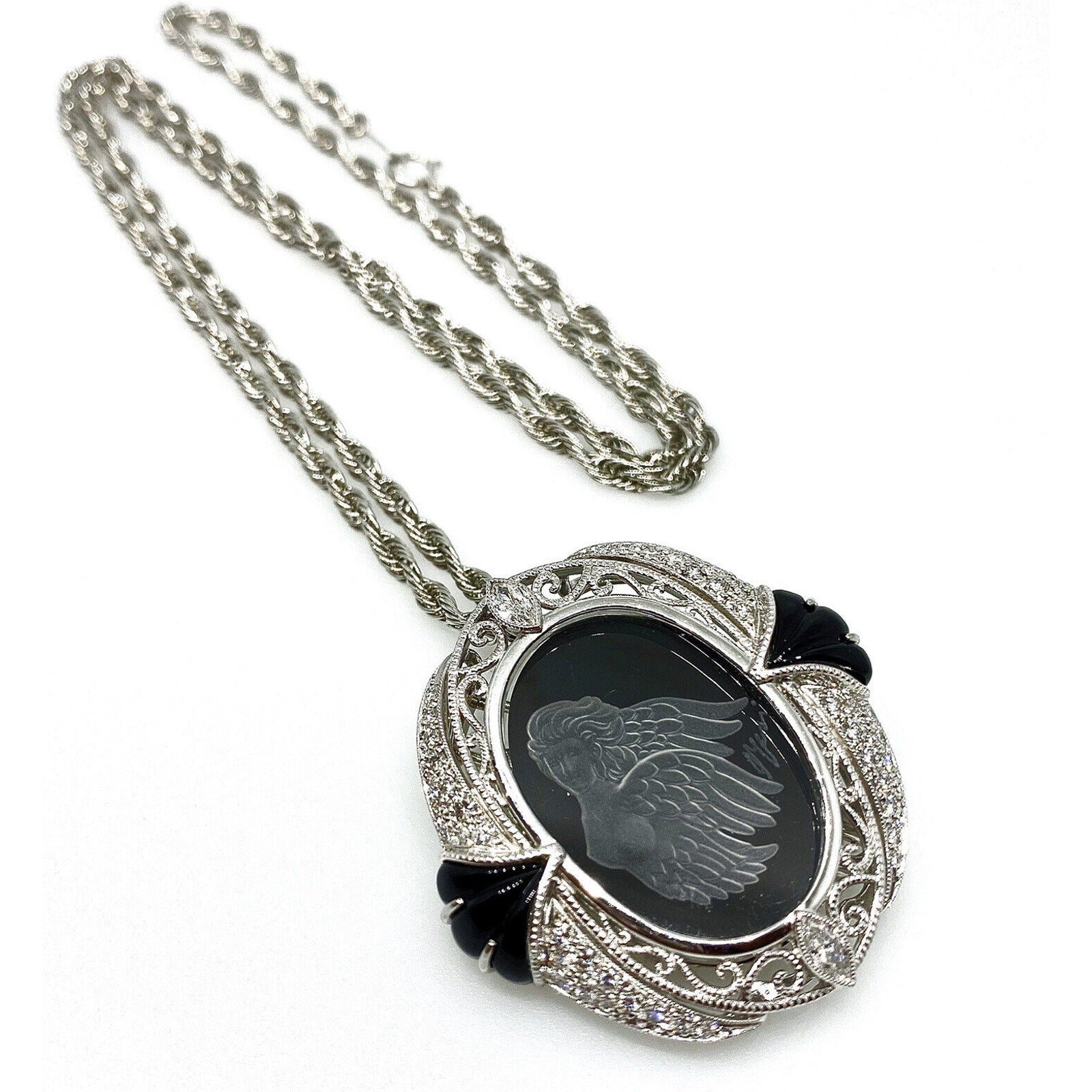 Carved Angel Pendant Brooch Necklace with Diamonds and in Platinum