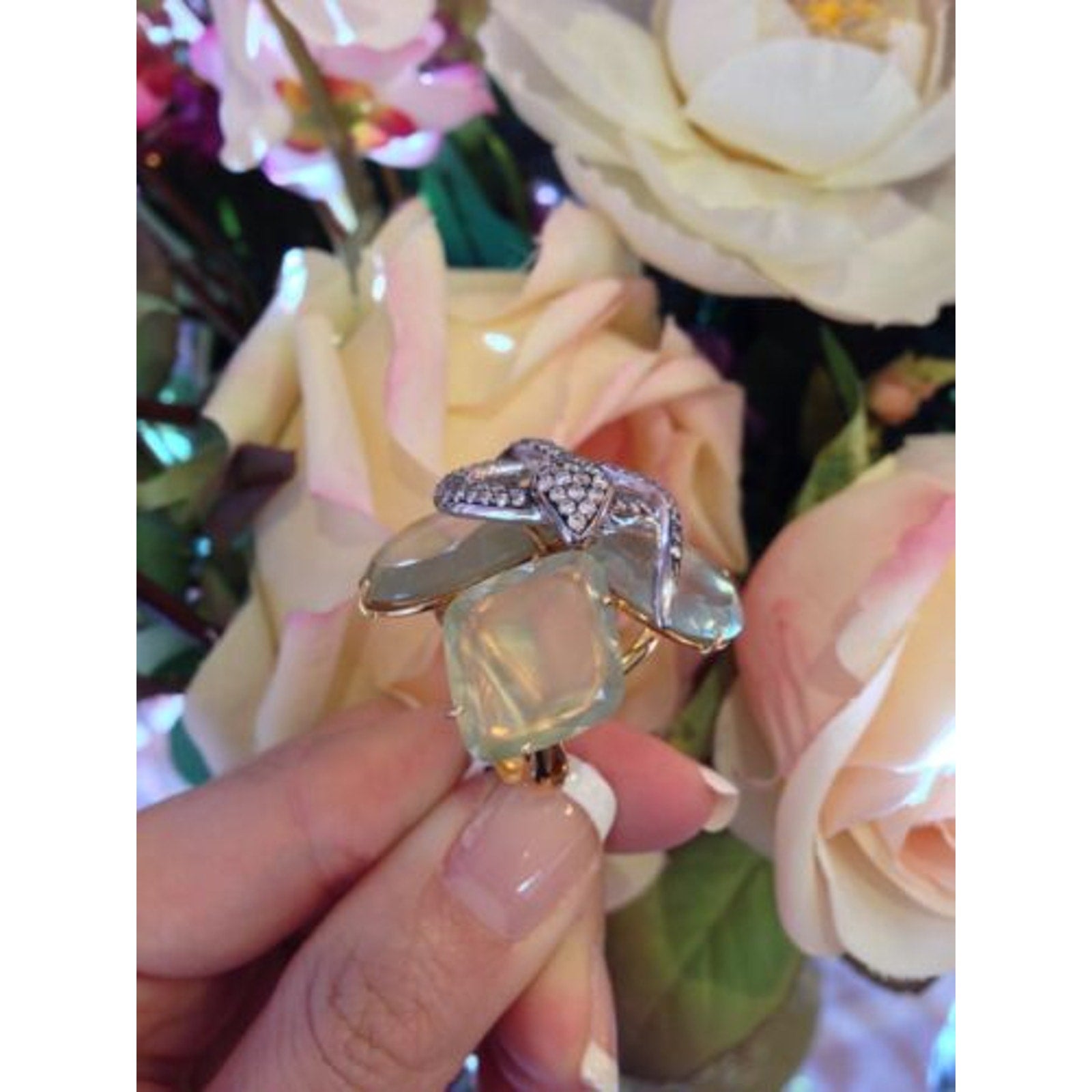 Leaderline Snake Ring with Diamonds and Green Quartz in 18k Gold