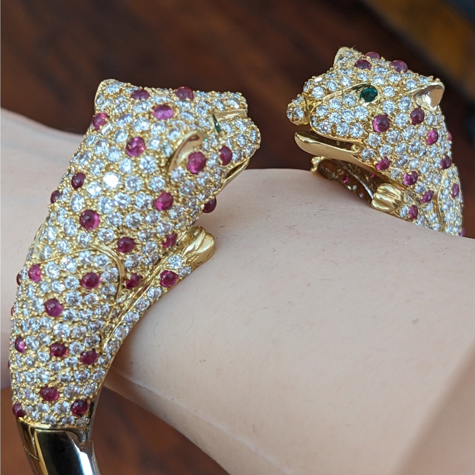 Ruby and Diamond Pave Panther Head Bangle Bracelet in 18k Yellow Gold