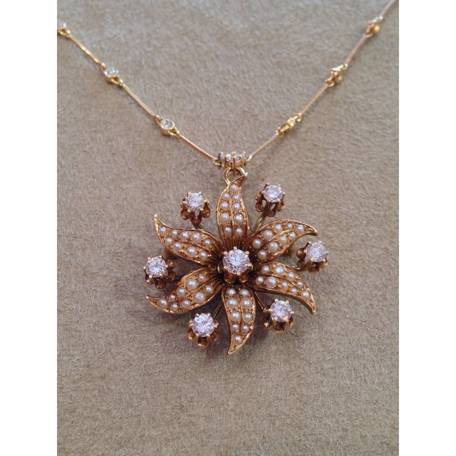 Pearl and Diamond Flower Pin/ Pendant Necklace in14k/18k Yellow Gold